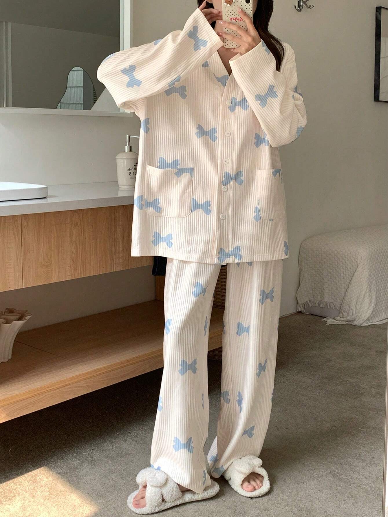 DAZY Winter Striped Textured Cute Bow Pattern Print Cardigan Pajamas Set