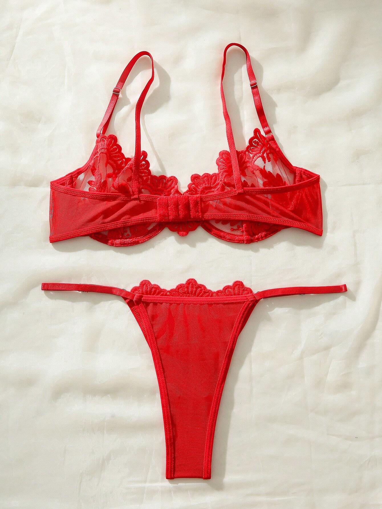 Pure Desire Floral Embroidery Mesh Underwire Lingerie Set