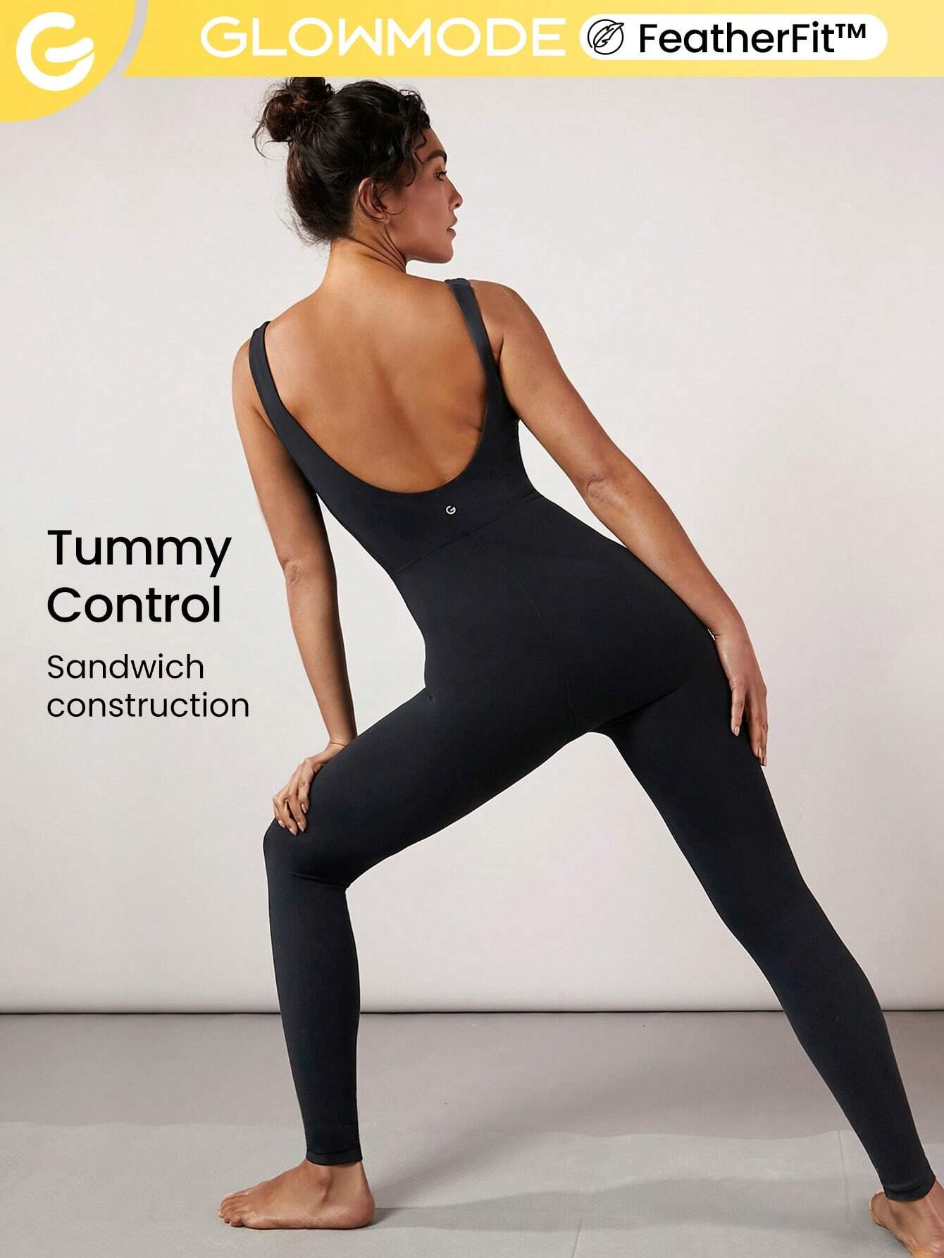 GLOWMODE 25" FeatherFit™ Tummy Control Gym Bodysuit Black