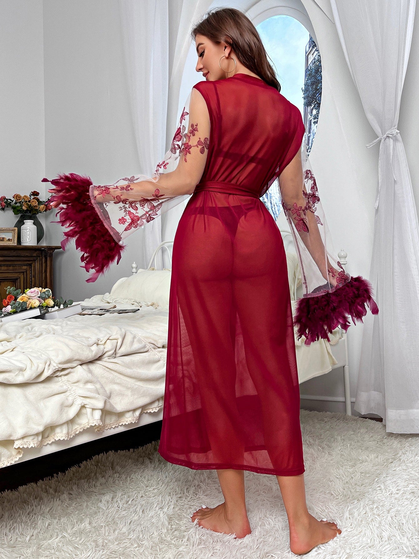 Faux Feather Detail Belted Mesh Robe