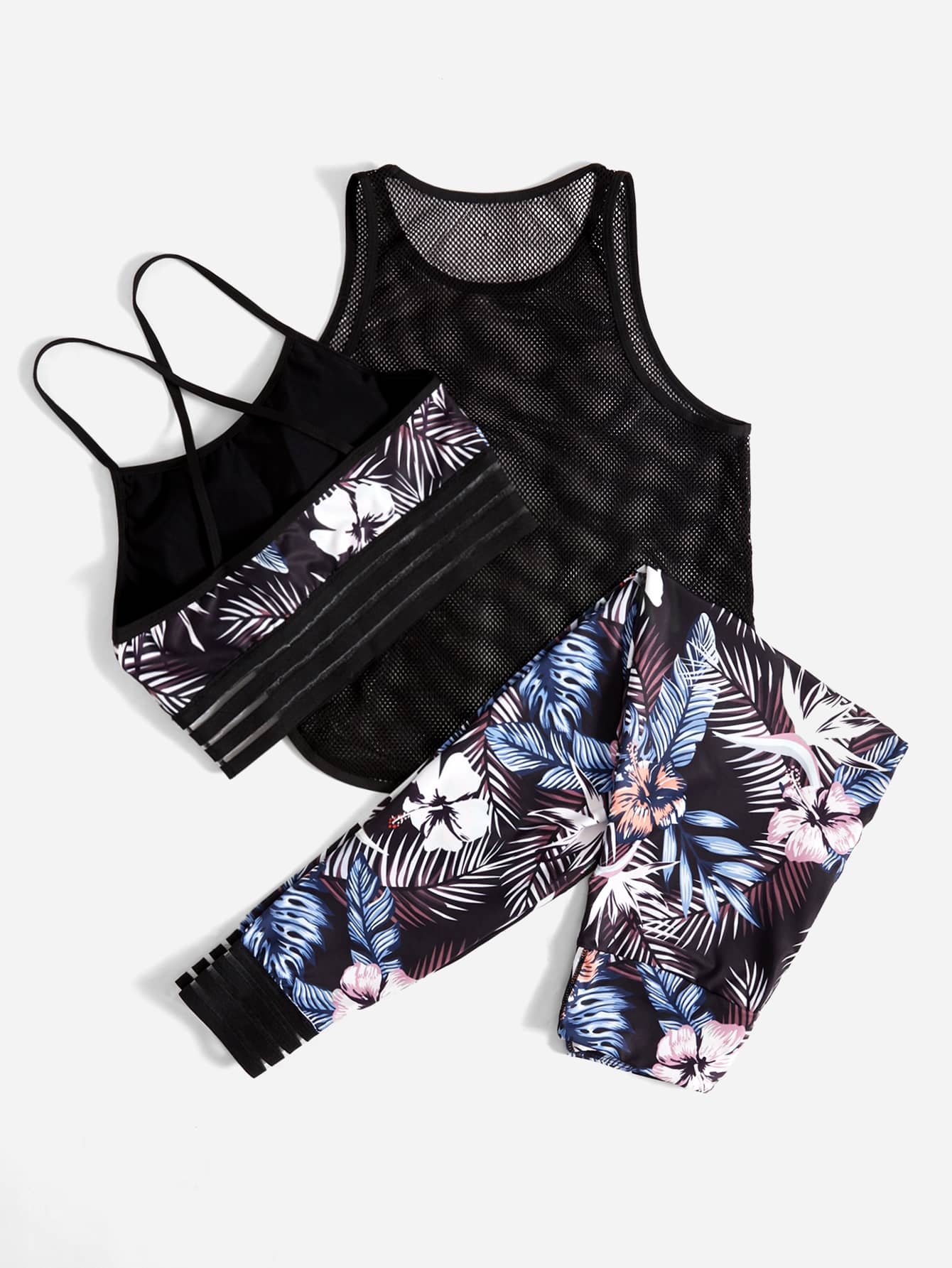 Yoga Trendy 3pcs Soft Tropical Print Daily Suit Casual Outfits Set Mesh Top Crisscross Back Bra &amp; Leggings