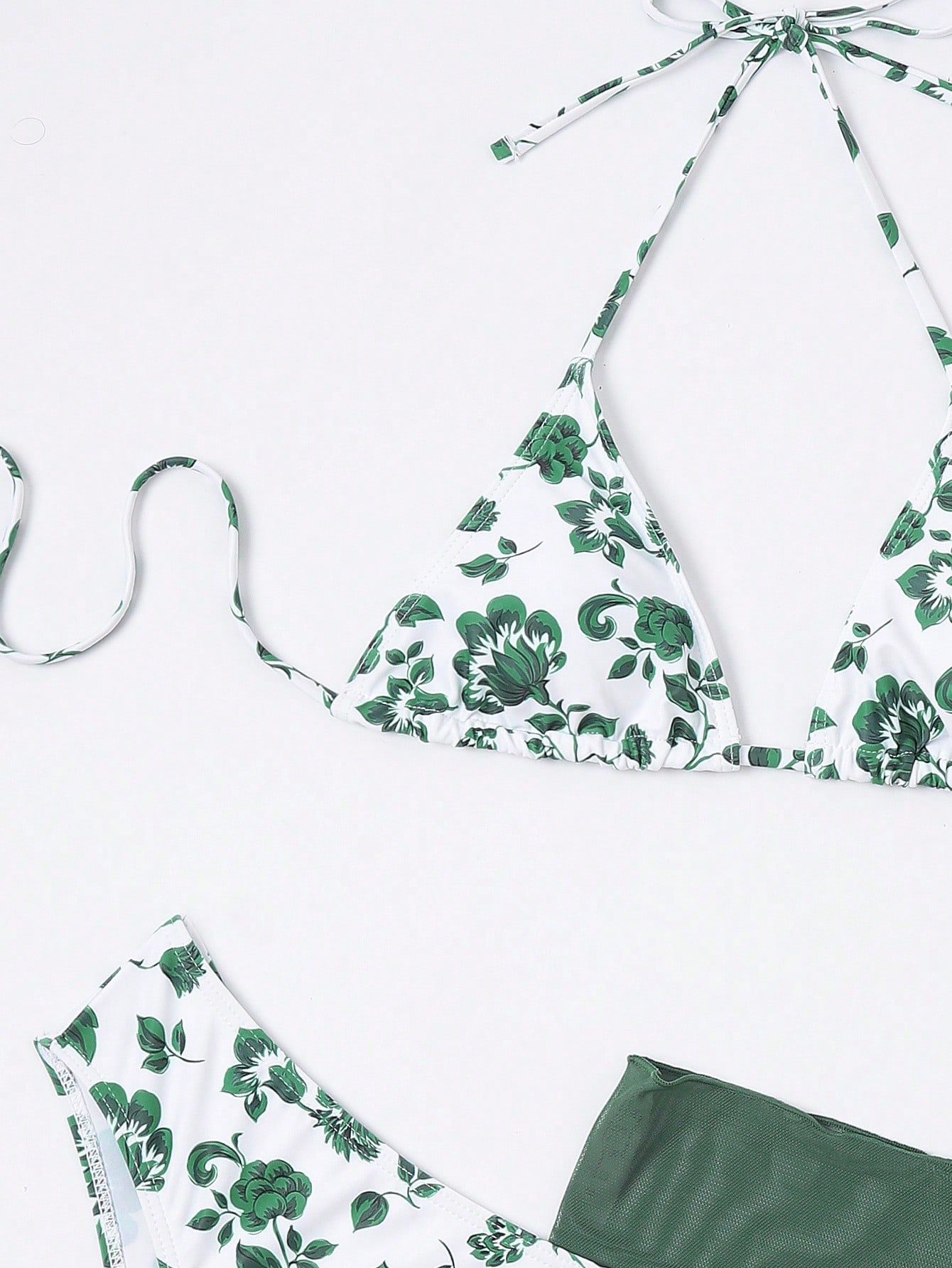 SHEIN Swim Mod Floral Print Halter Triangle Bikini Swimsuit With Beach Skirt