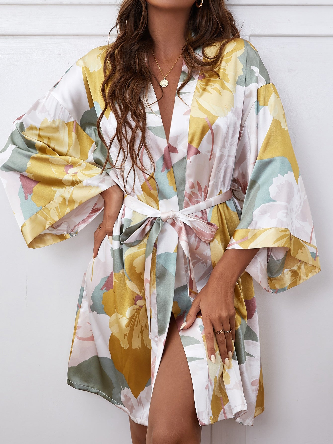 Lip Print Belted Satin Robe S Multicolor