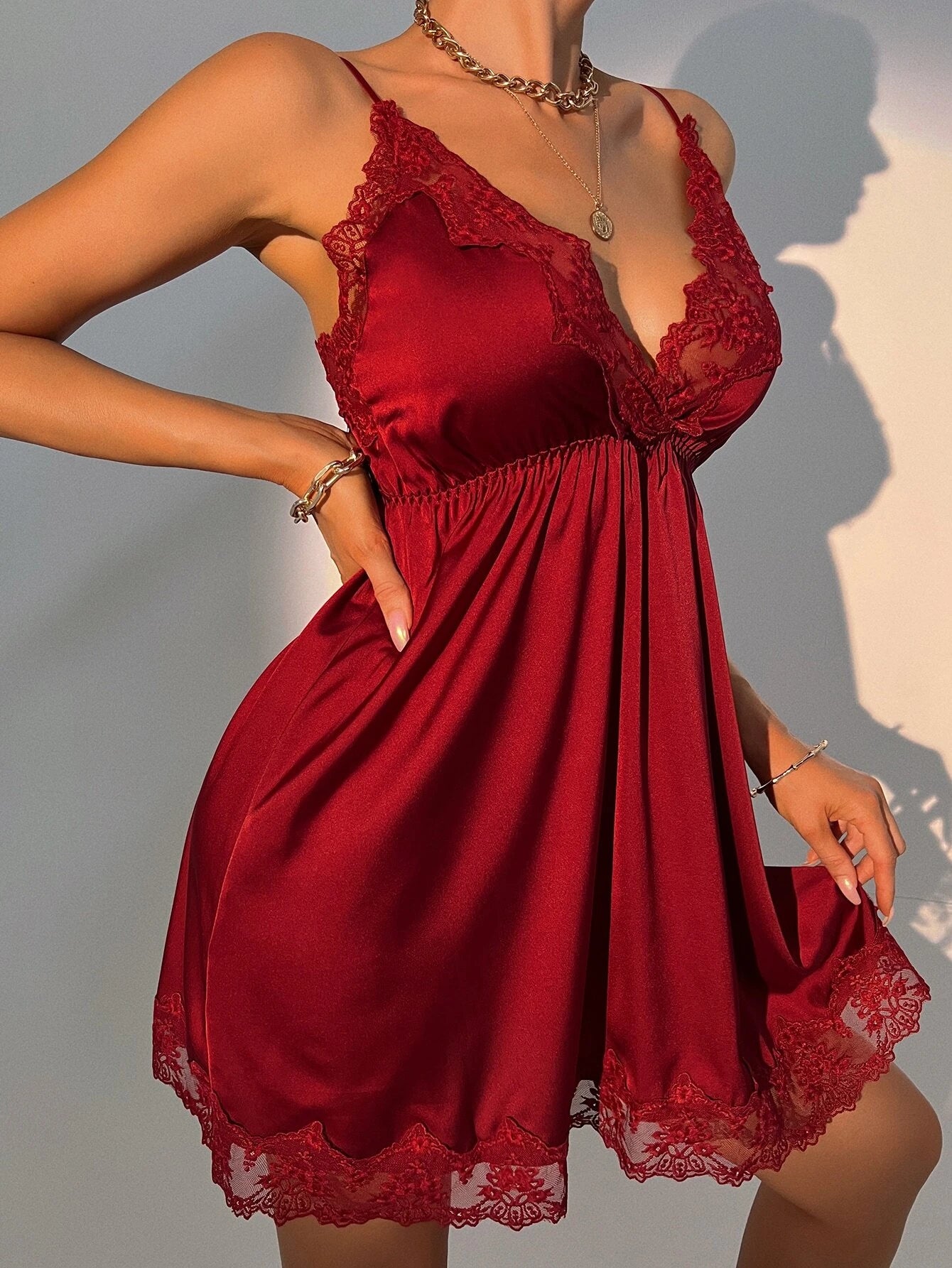 Contrast Lace Satin Slip Pajama Night Dress