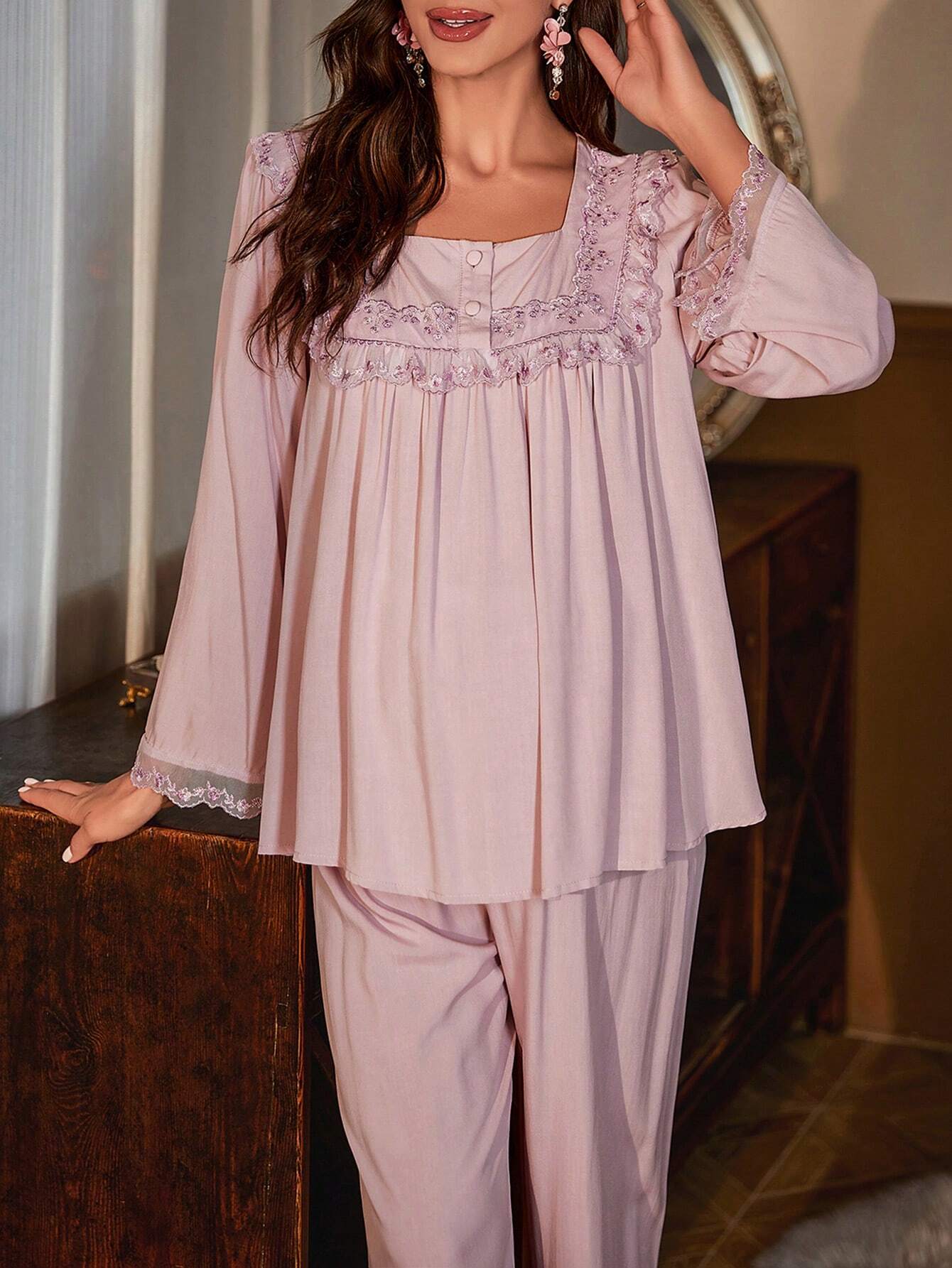 Underwear&amp;Sleepwear Maternity Maternity Lace Trim Square Neck Sleep Top &amp; Adjustable Waist Sleep Pants F