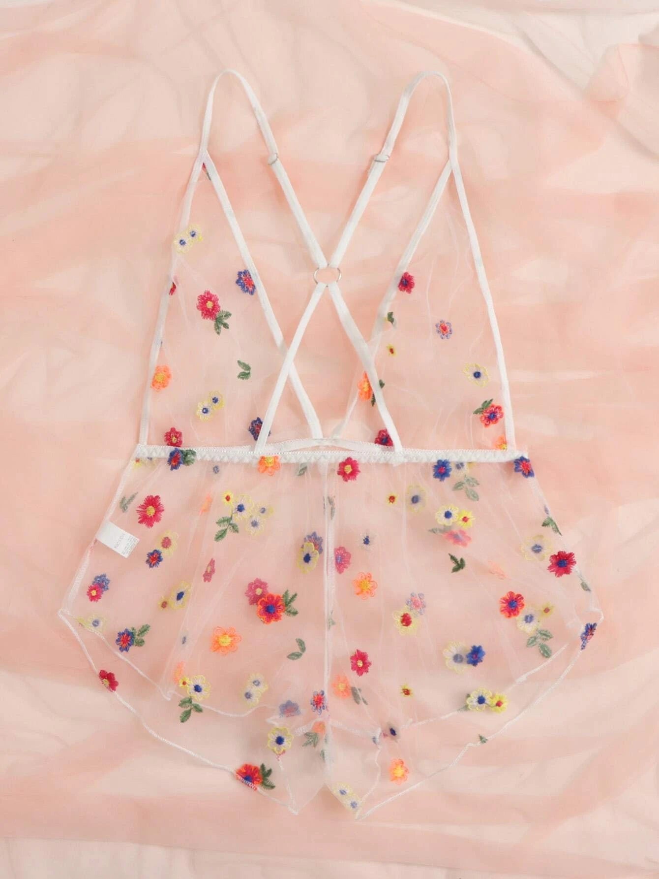 Floral Embroidered Mesh Crisscross Back Teddy Bodysuit
