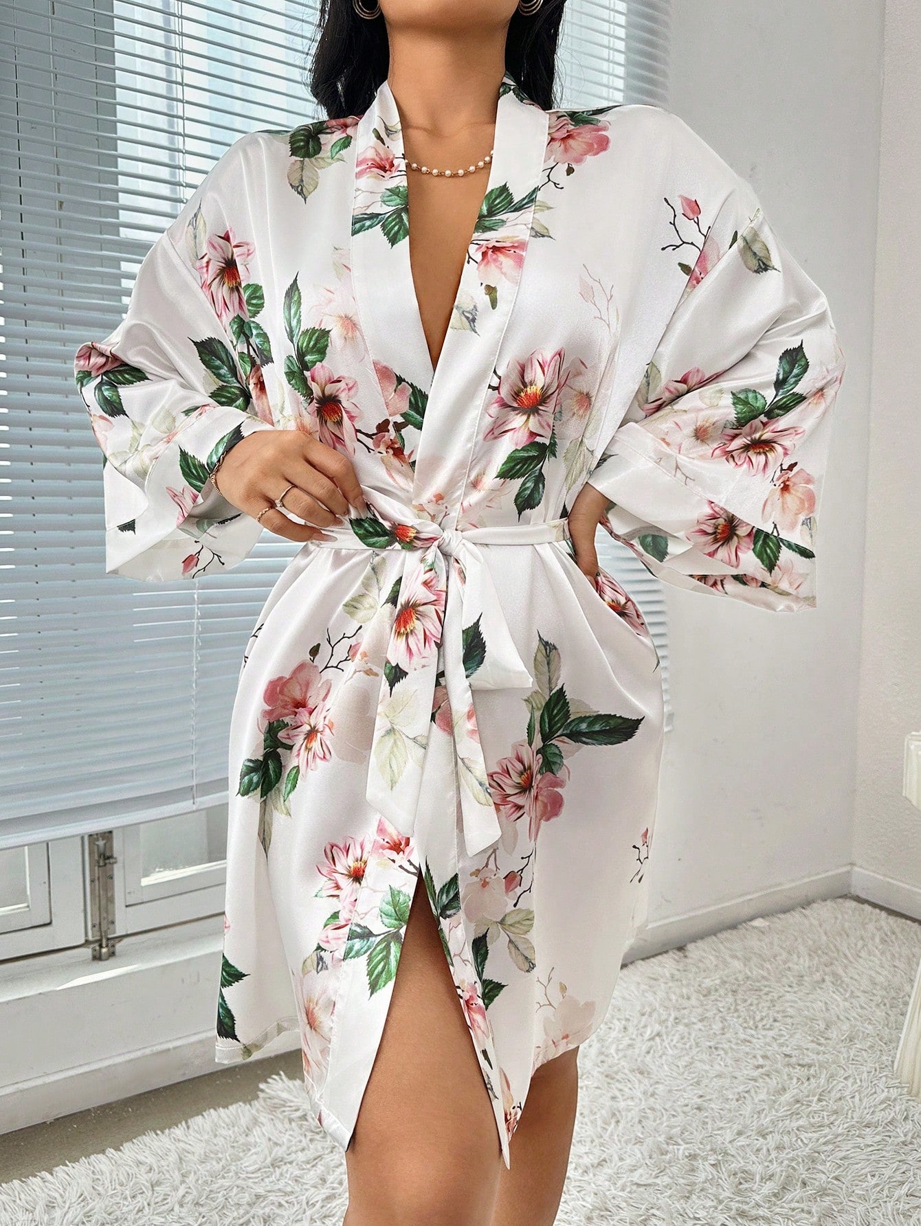 Lip Print Belted Satin Robe