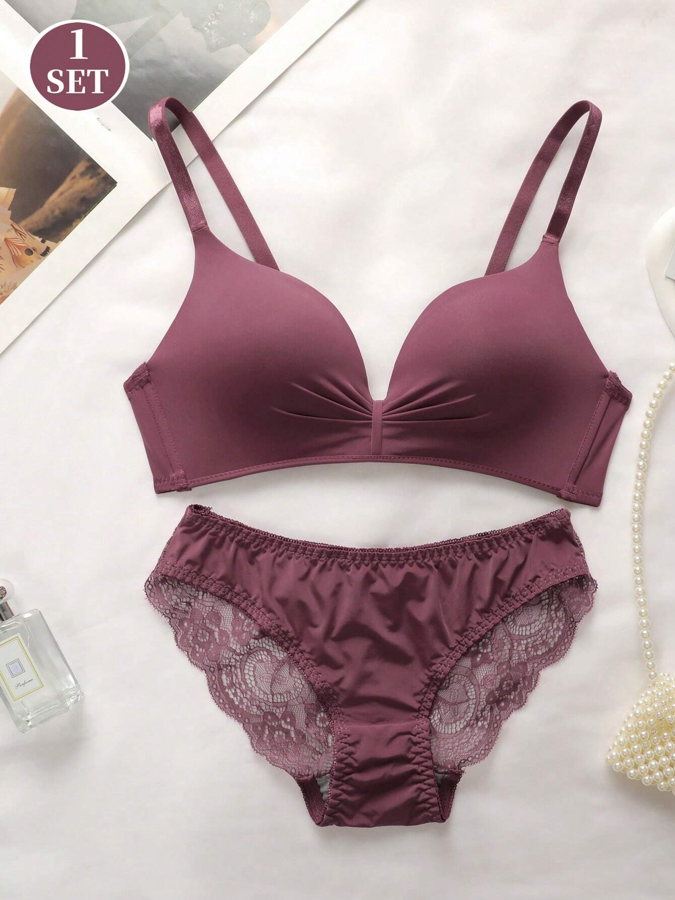 1set Electronic Music Festival Underwear Set, Solid Color Low Waist Triangle Panty, Wireless Bra