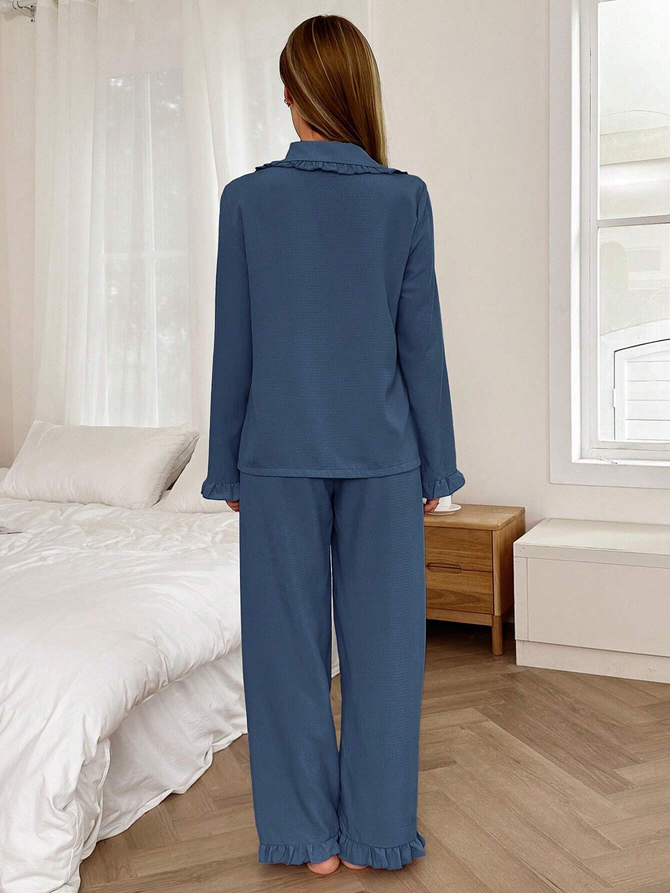 Dream Adore Solid Color Mandarin Collar Open Front Pocket Long Sleeve Pajama Set