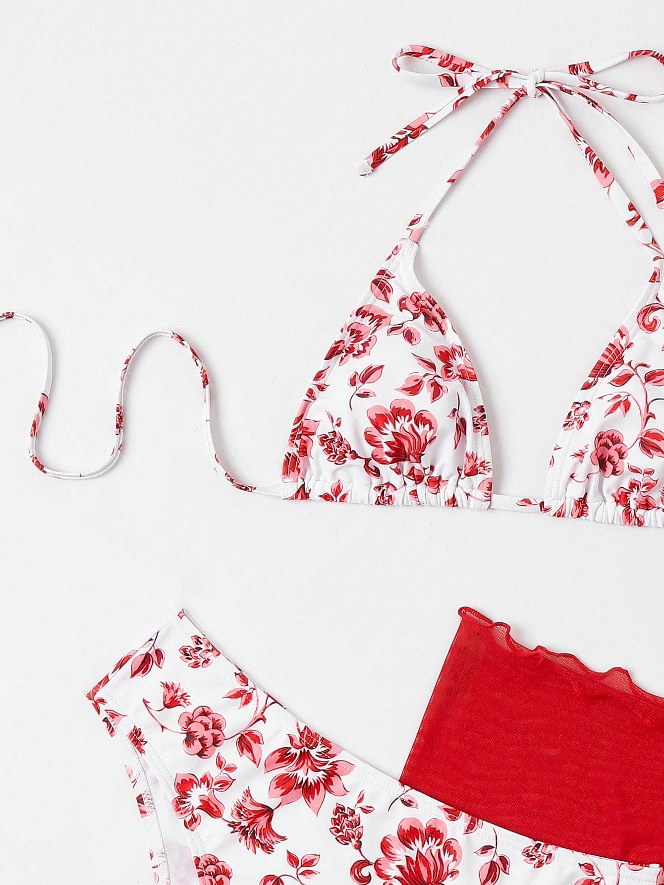 SHEIN Swim Mod Floral Print Halter Triangle Bikini Swimsuit With Beach Skirt