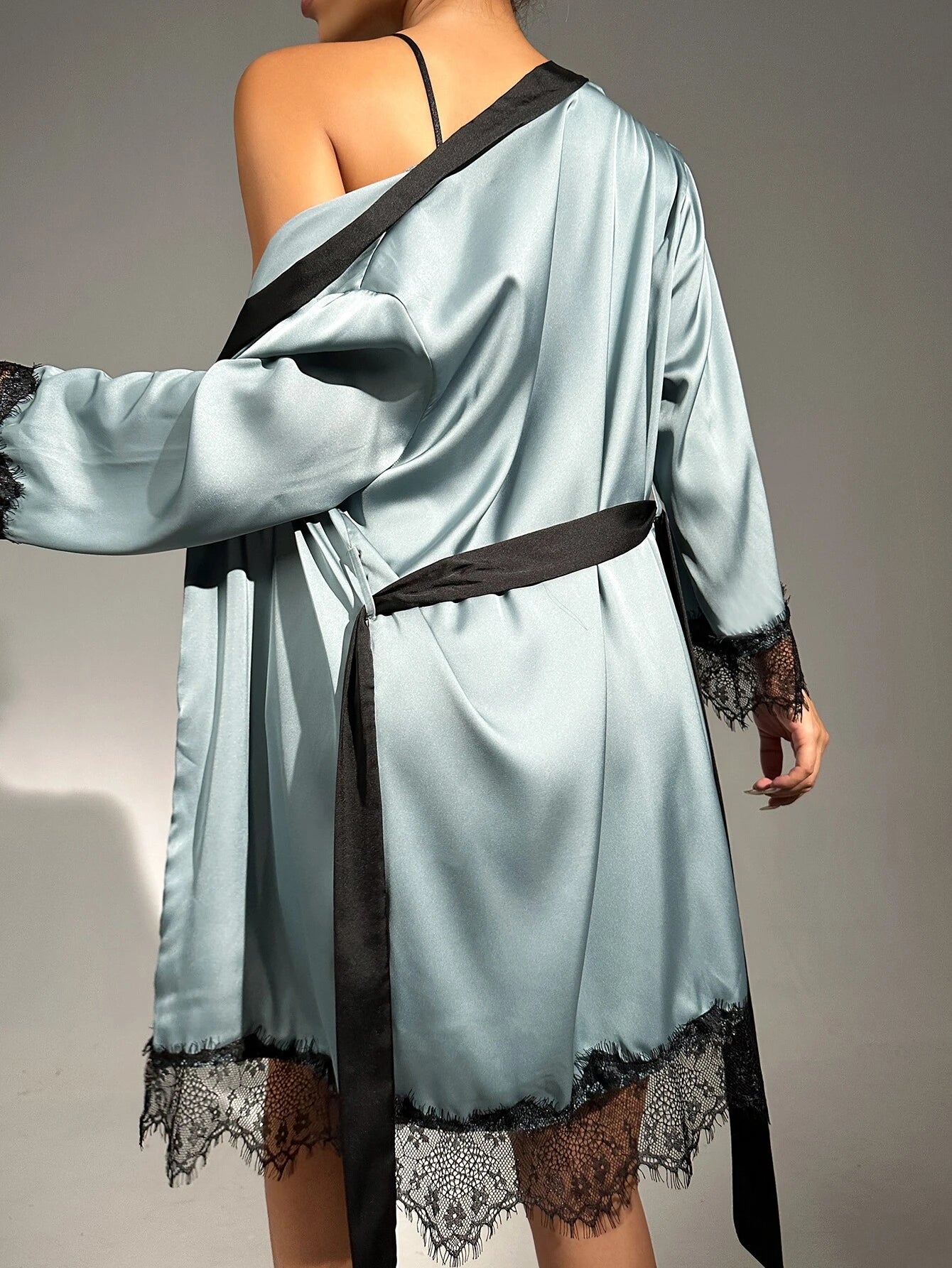 Sheer Lace Cami With Belted Robe &amp; Shorts Night Set