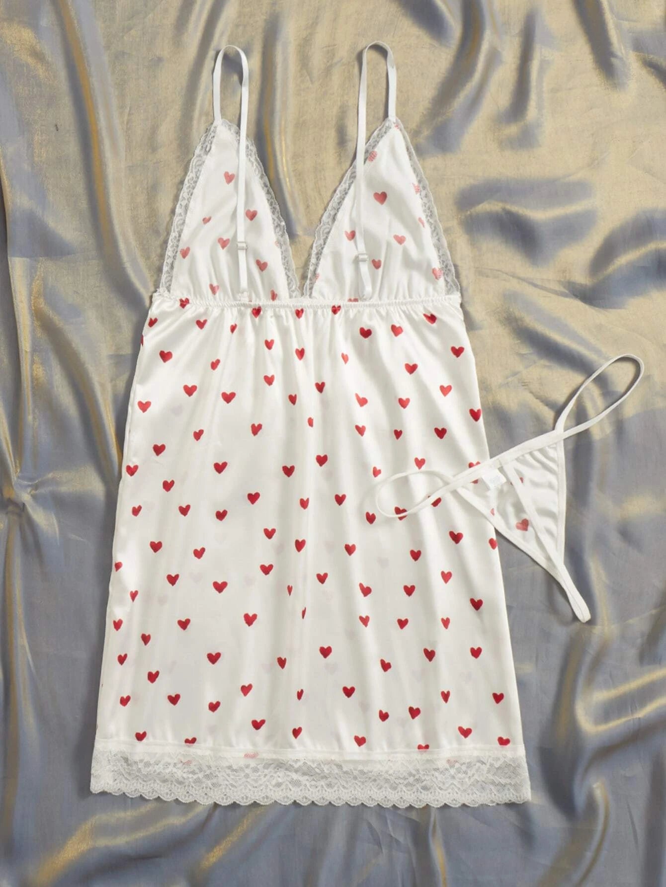 Heart Print Lace Trim Satin Slips With Thong