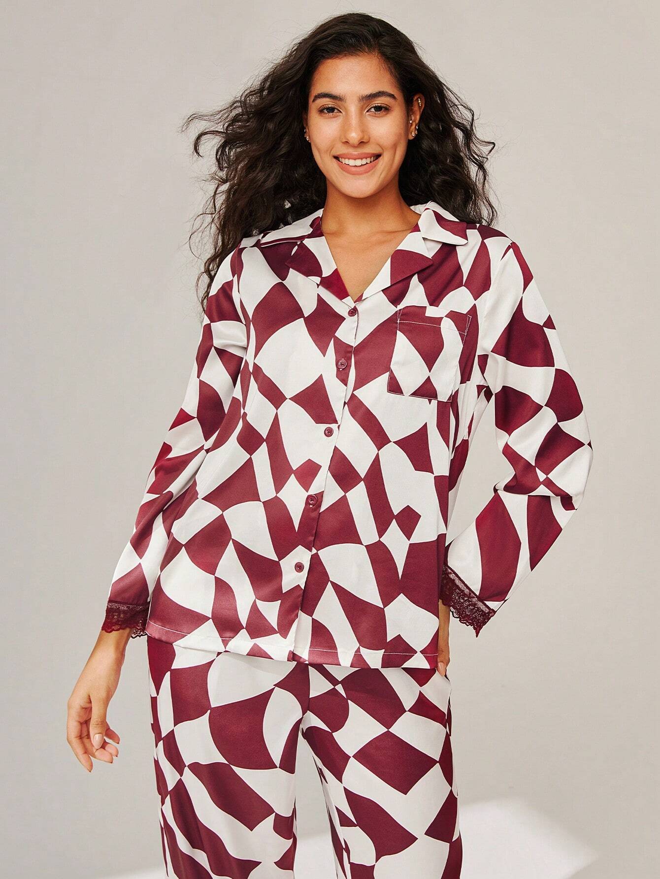 LUVLETTE Christmas Geometric Print Lace Lined Button Up Pajama Set