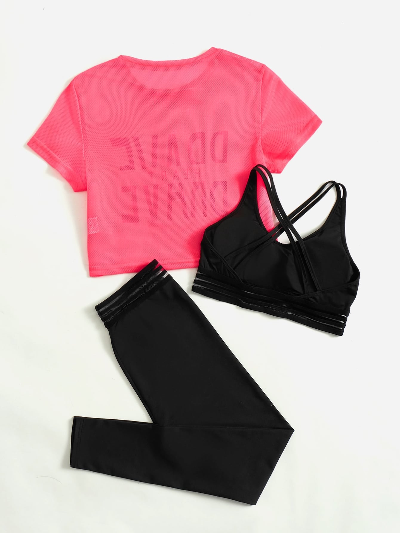 Yoga Trendy 3pcs Fitness Letter Graphic Workout Outfits Set Sports Set Criss Cross Sports Bra Round Neck Tee Striped Waist Leggings