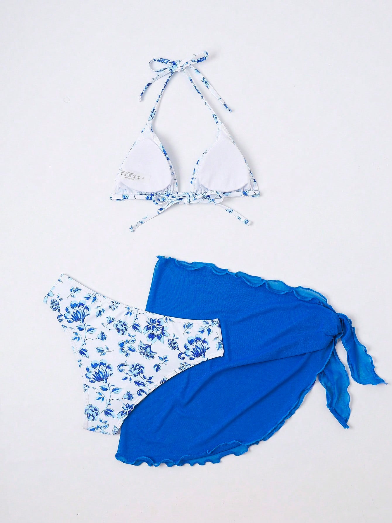 SHEIN Swim Mod Floral Print Halter Triangle Bikini Swimsuit With Beach Skirt