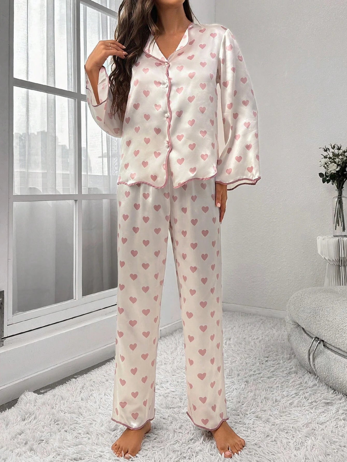 Heart Print Contrast Piping Satin PJ Set / Pajama Set