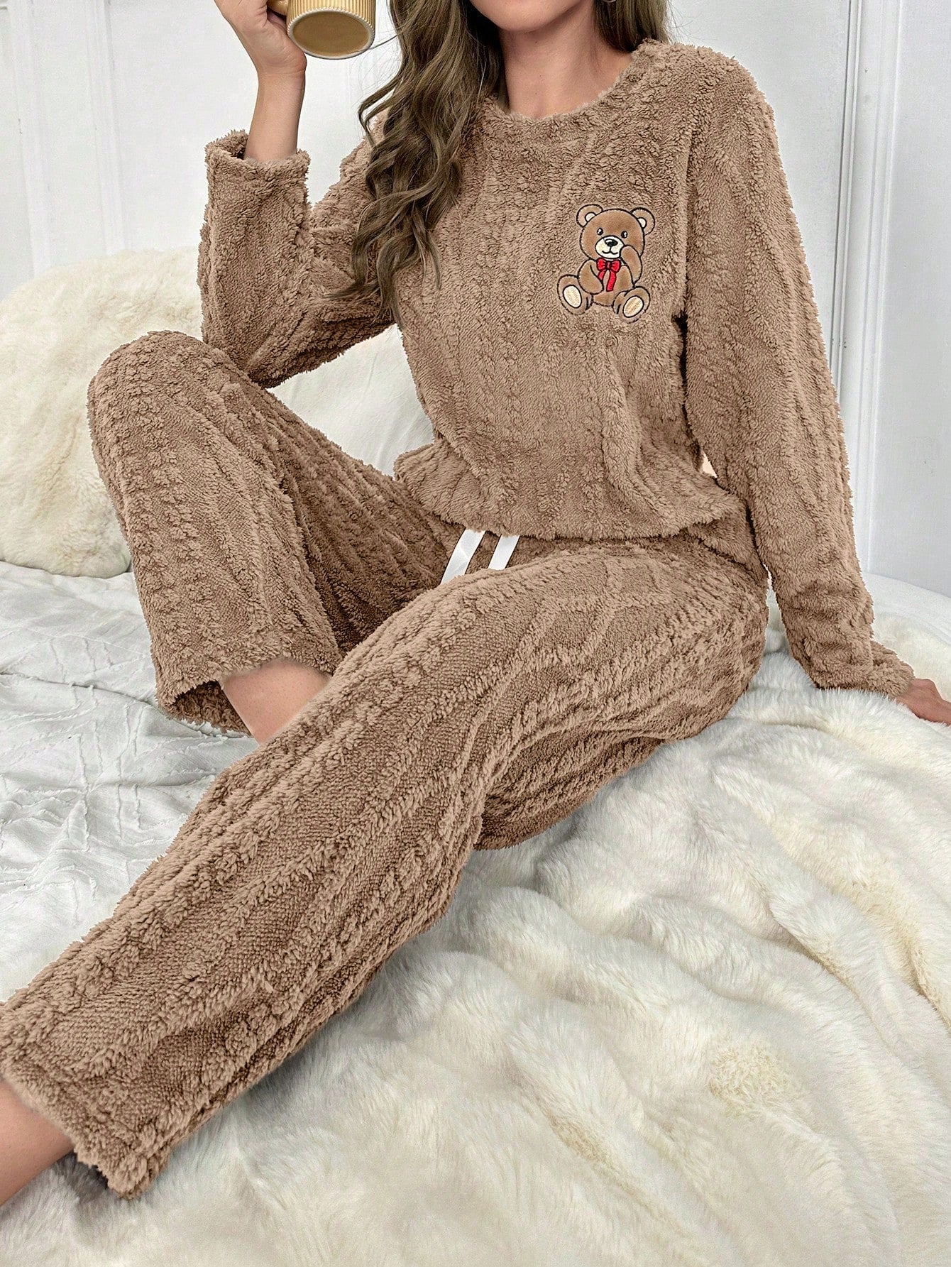 Bear Patched Flannel PJ Set / Pajama Set Mocha Brown