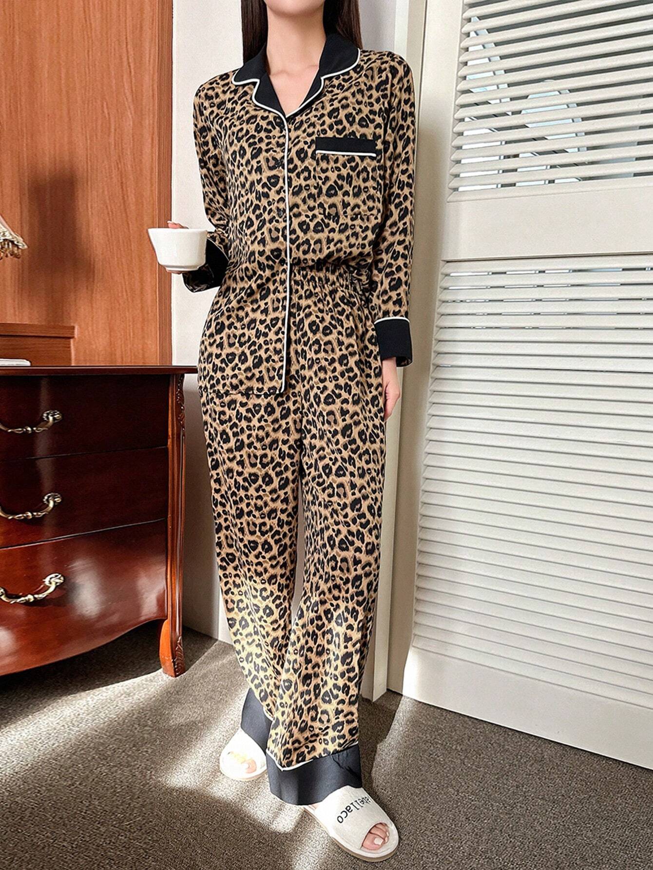 DAZY Color Block Leopard Print Edge Rolling Long-Sleeved Top And Pants