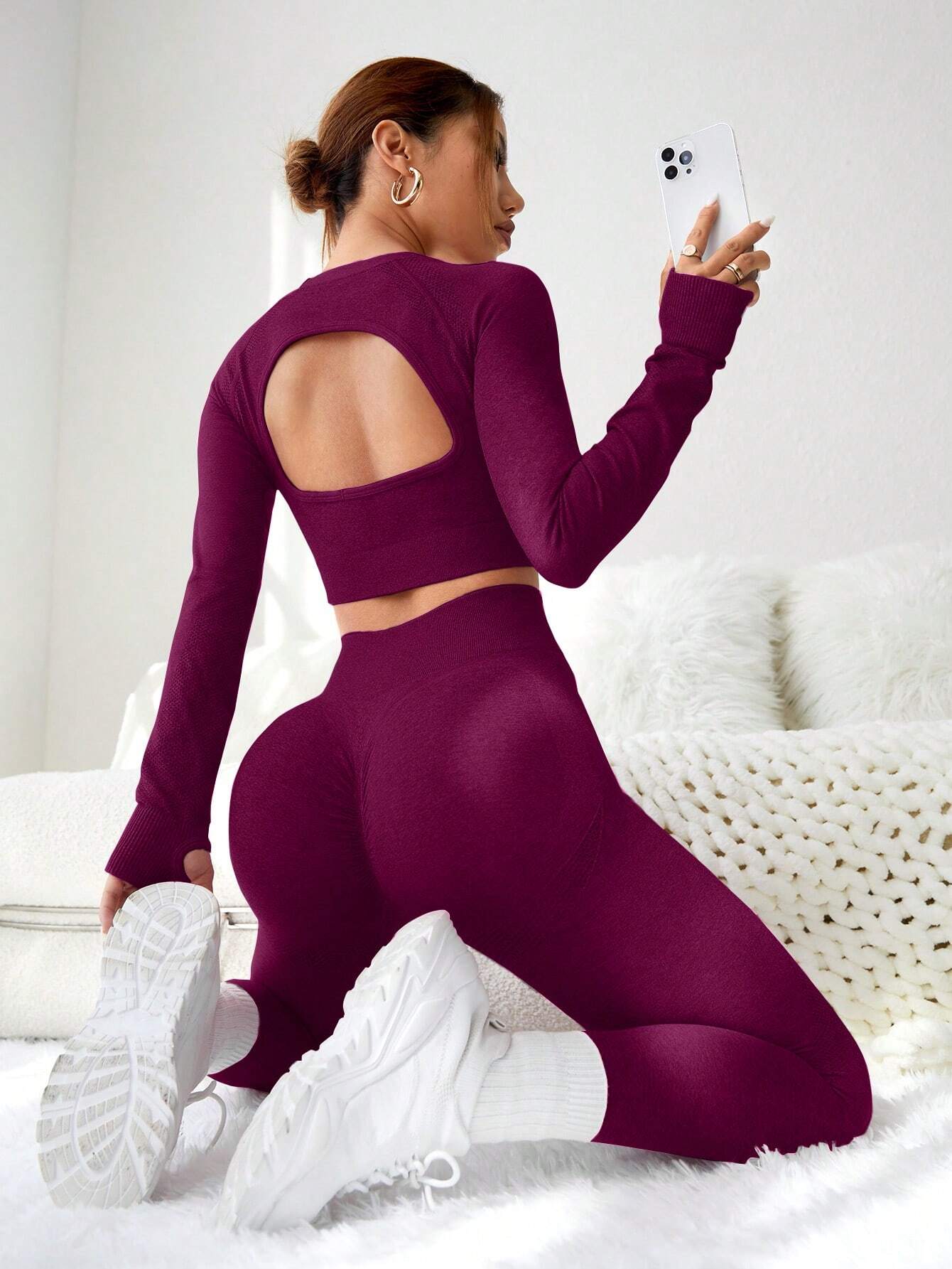 Yoga Trendy 2pcs Seamless Fitness Yoga Suit Tracksuit Gym Set Cut Out Back Thumb Holes Crop Tee Bubble Butt