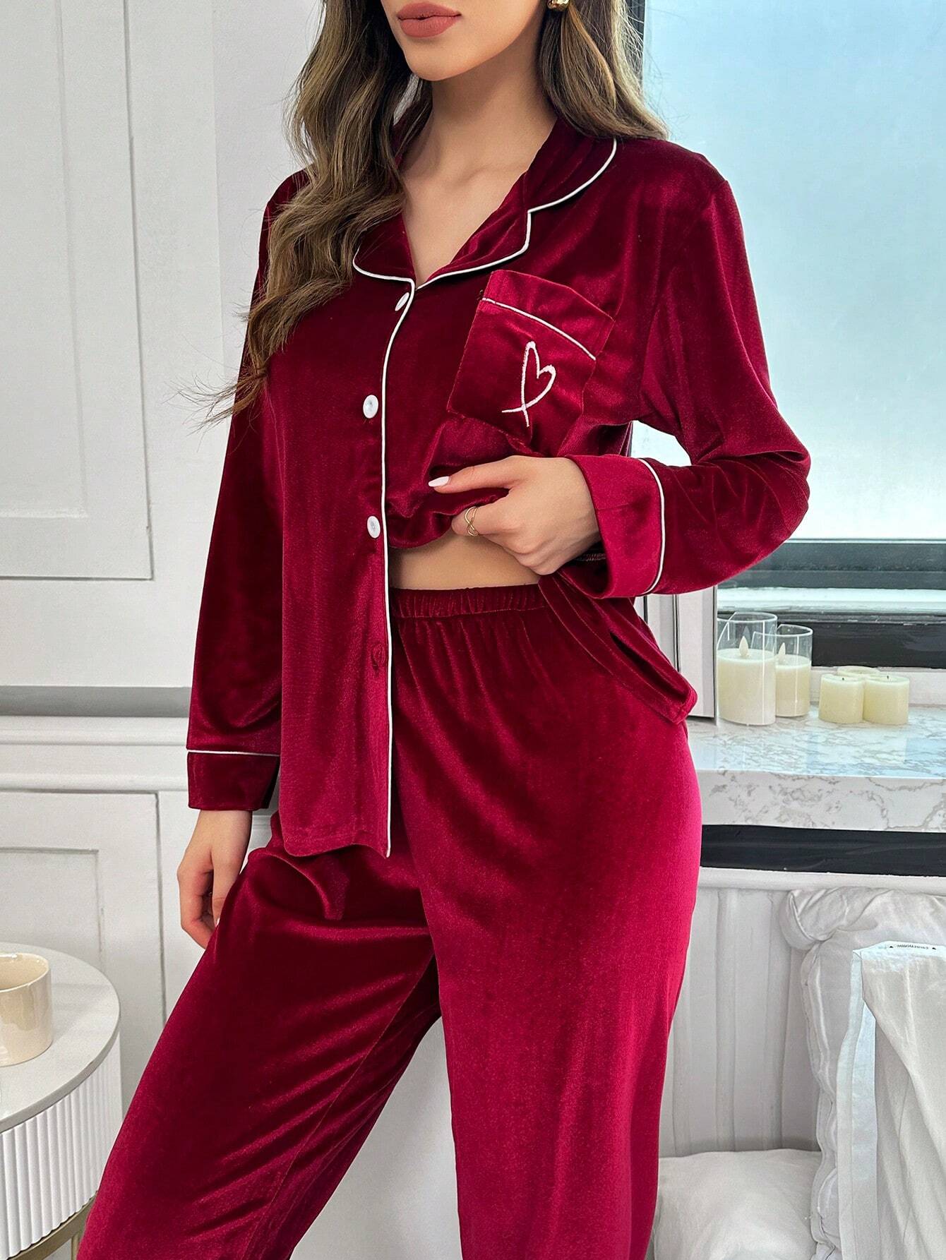 Contrast Color Trim Pocket Long Sleeve &amp; Pants Velvet Pajama Set