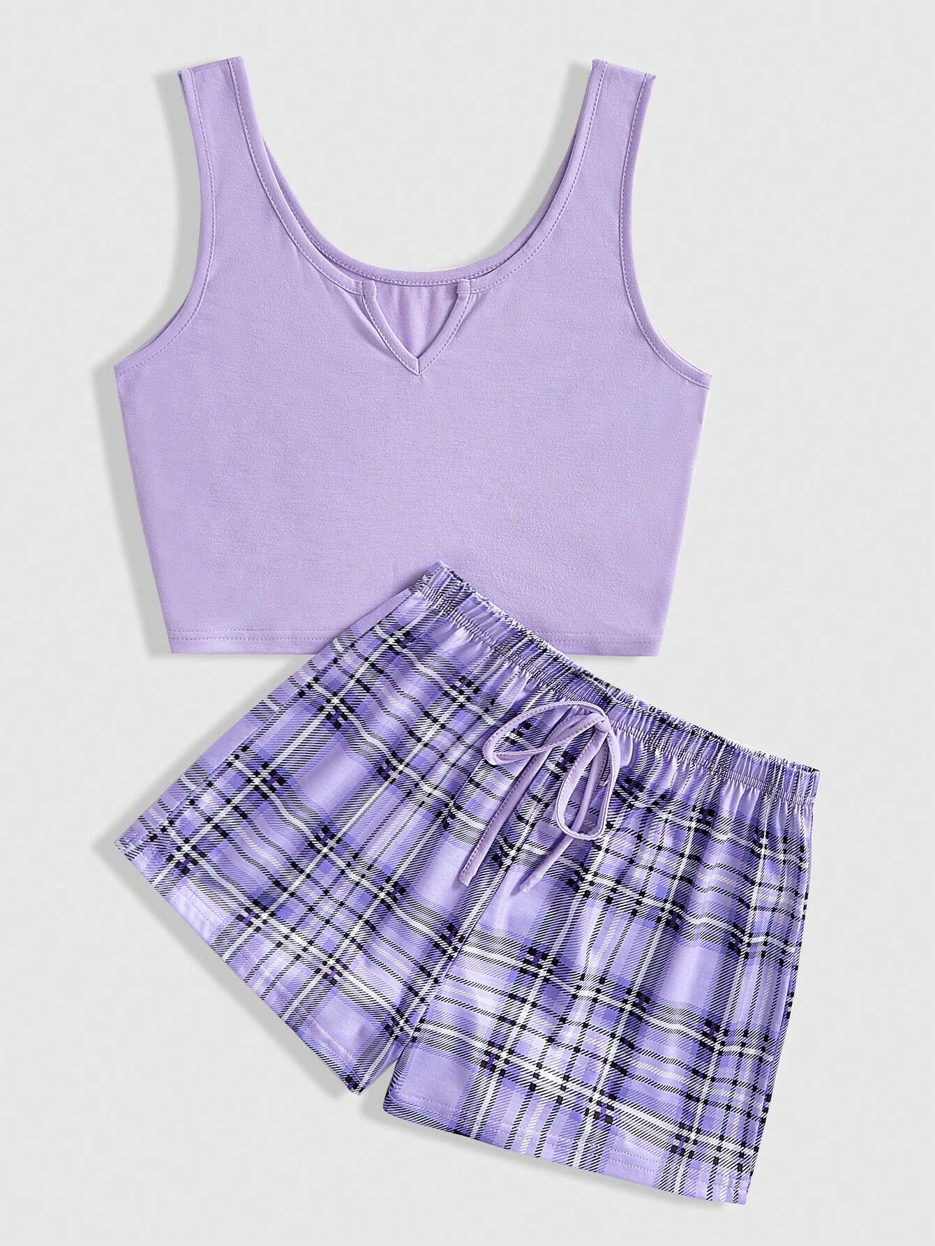 ROMWE Solid Color Sleeveless Top &amp; Plaid Shorts Casual Pajama Set Mauve Purple