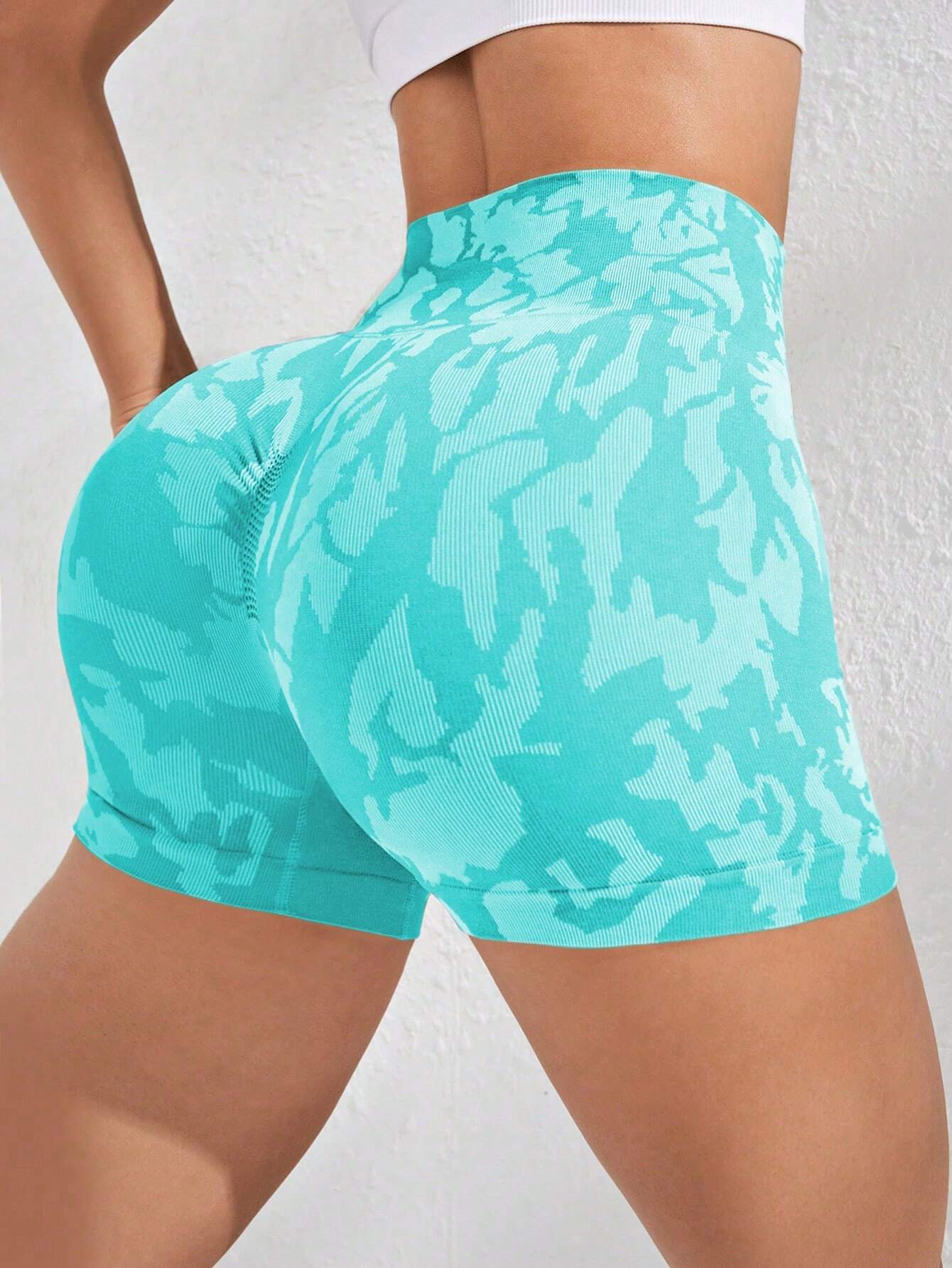 Yoga Trendy Camo Print Wideband Waist Sports Shorts Blue Shorts