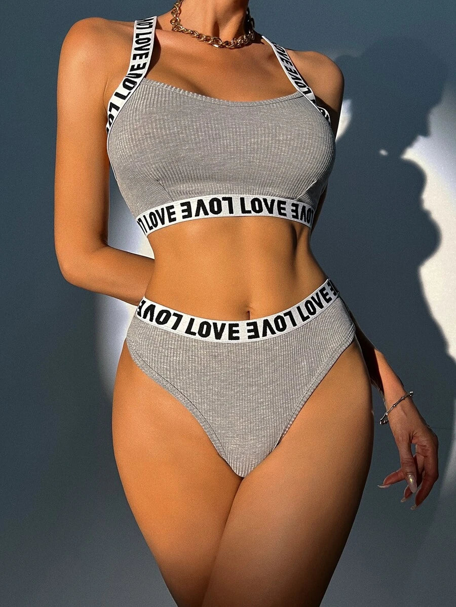 Letter Tape Rib Lingerie Set