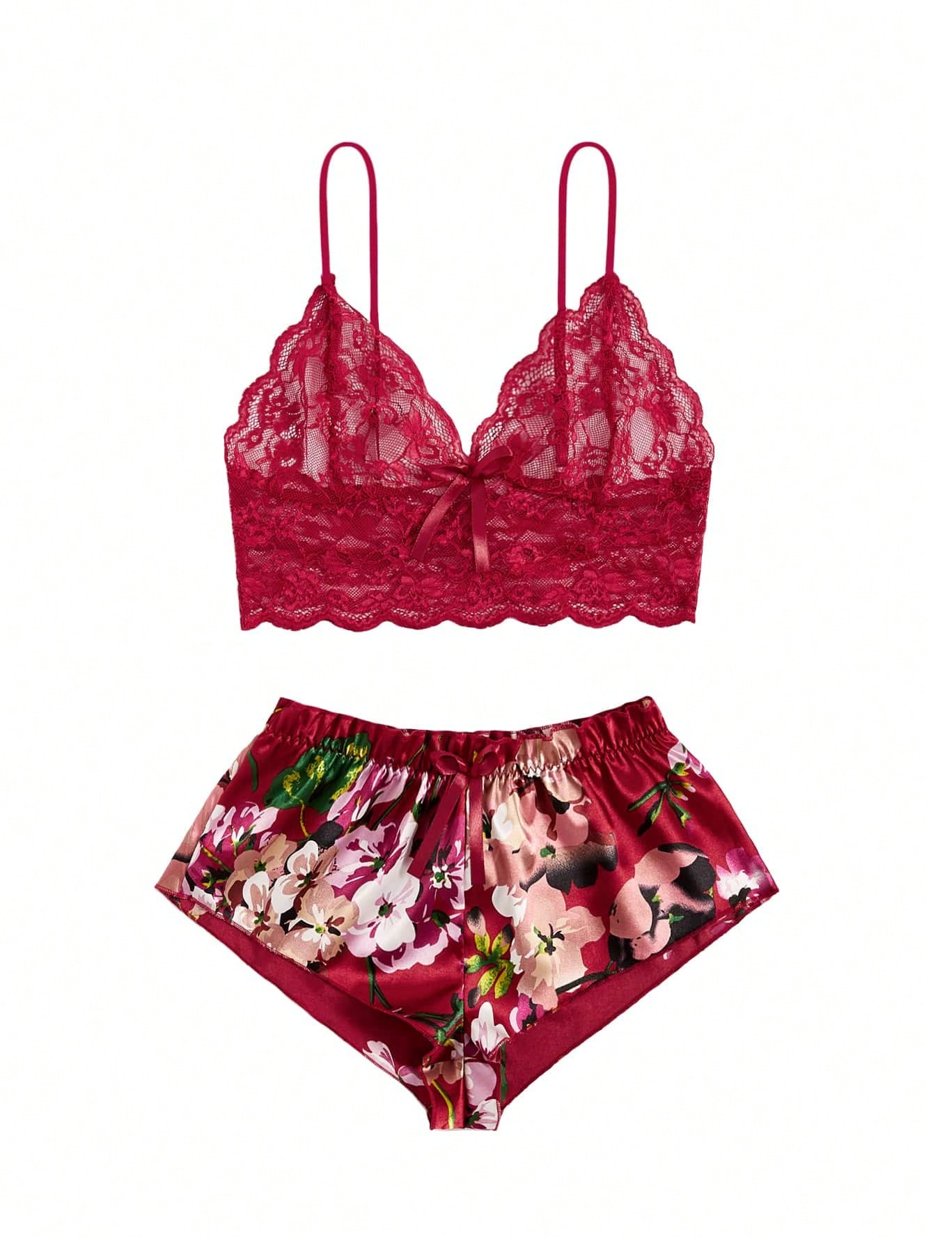 Floral Lace Bralette With Floral Shorts Burgundy