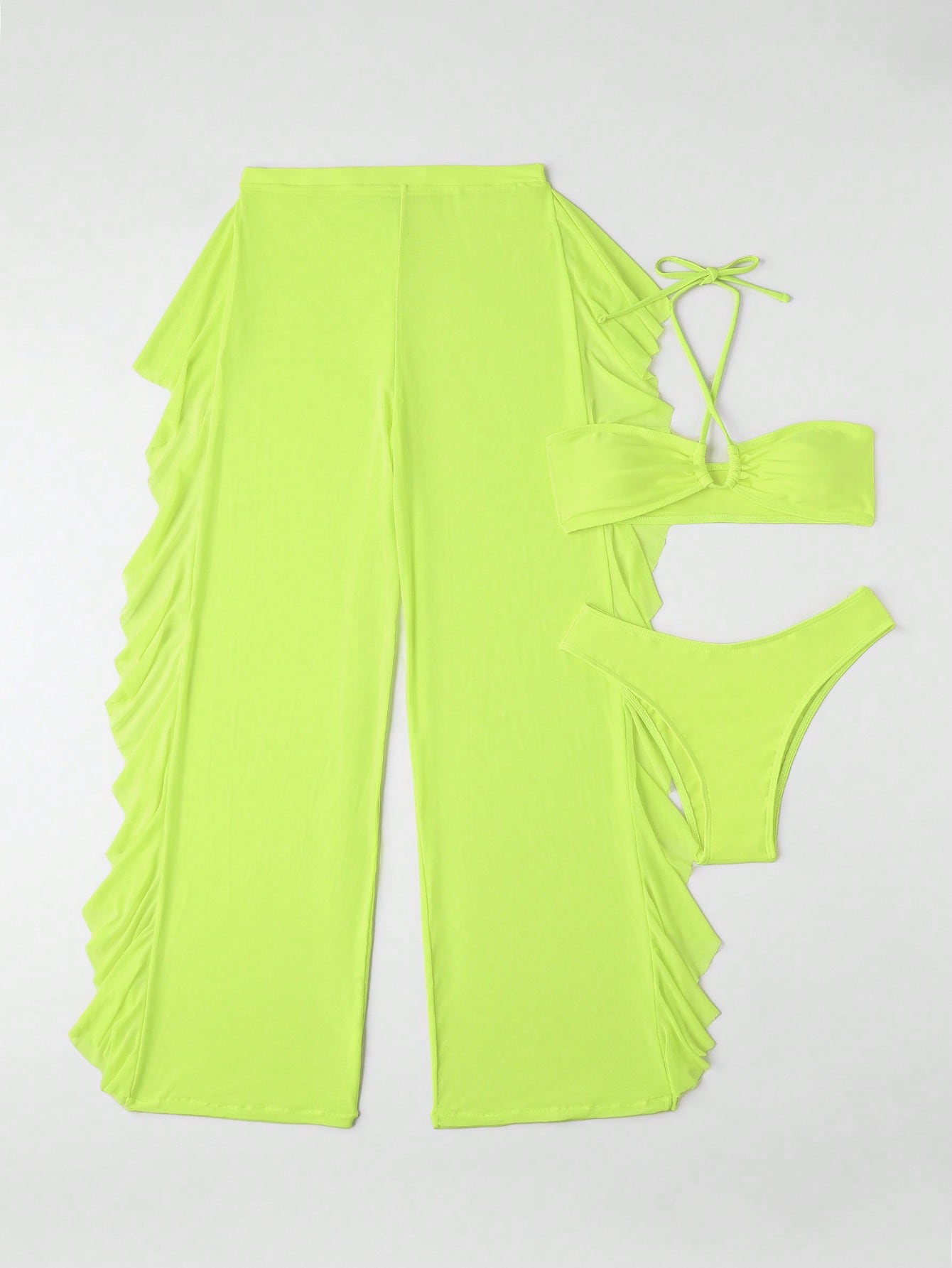 SHEIN Swim SXY Mono Bikini Set Crisscross Halter Wireless Bra Top &amp; High Cut Bikini Bottom &amp; Mesh Cover Up Pants 3 Piece Swimsuit