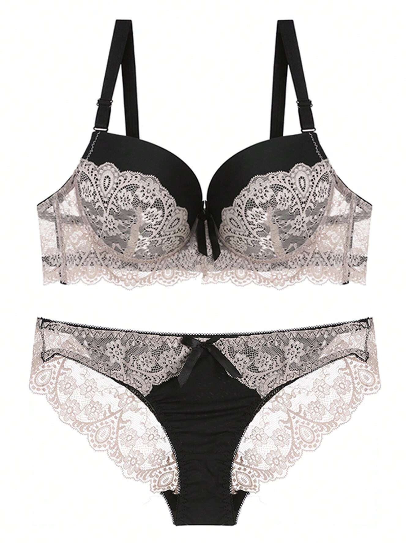 Fashionable Lace Color-Blocking Triangle Panties And Bra Set