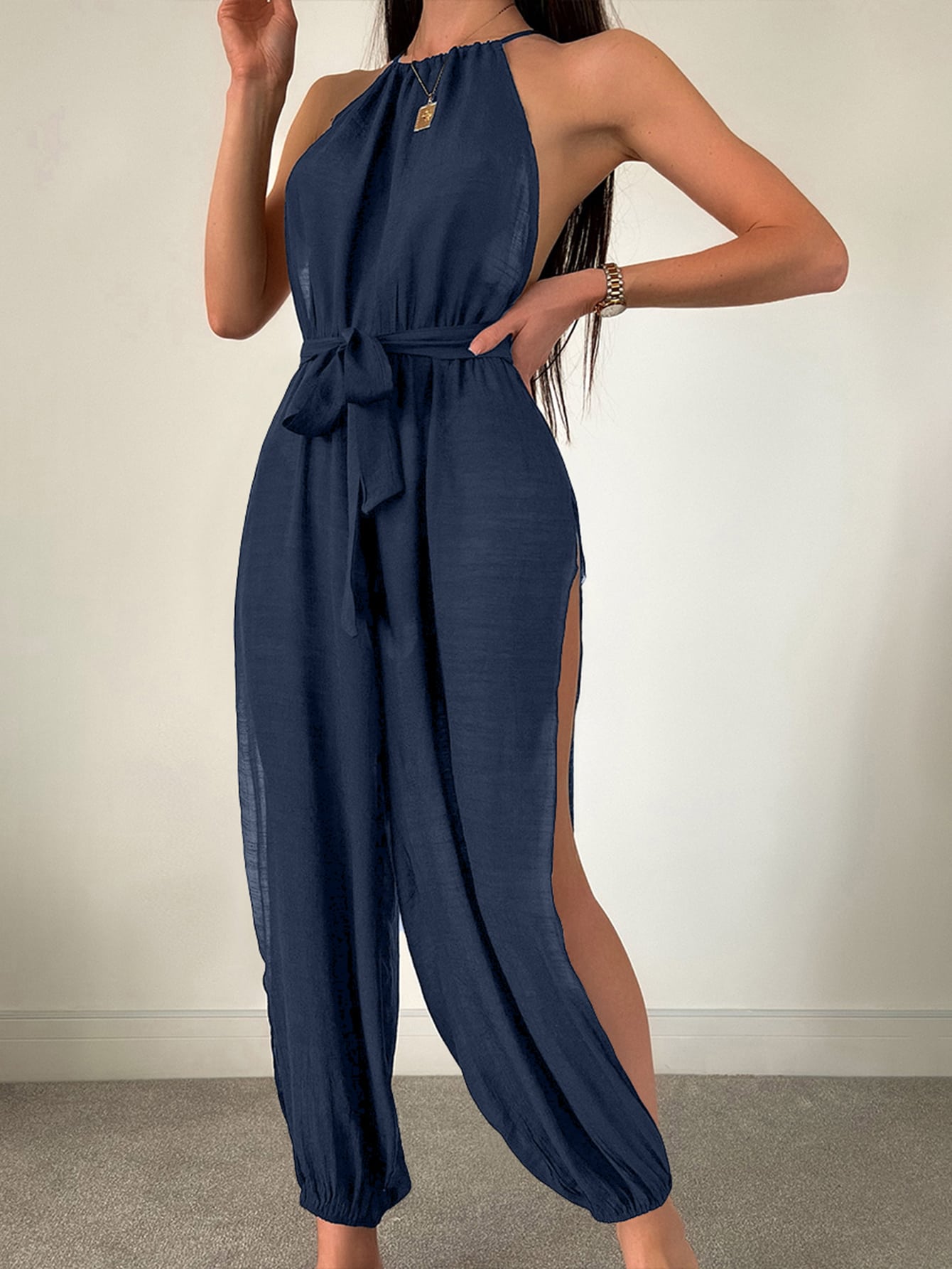 SHEIN Swim Chicsea Solid Split Thigh Belted Halter Neck Cover Up Jumpsuit S Navy Blue