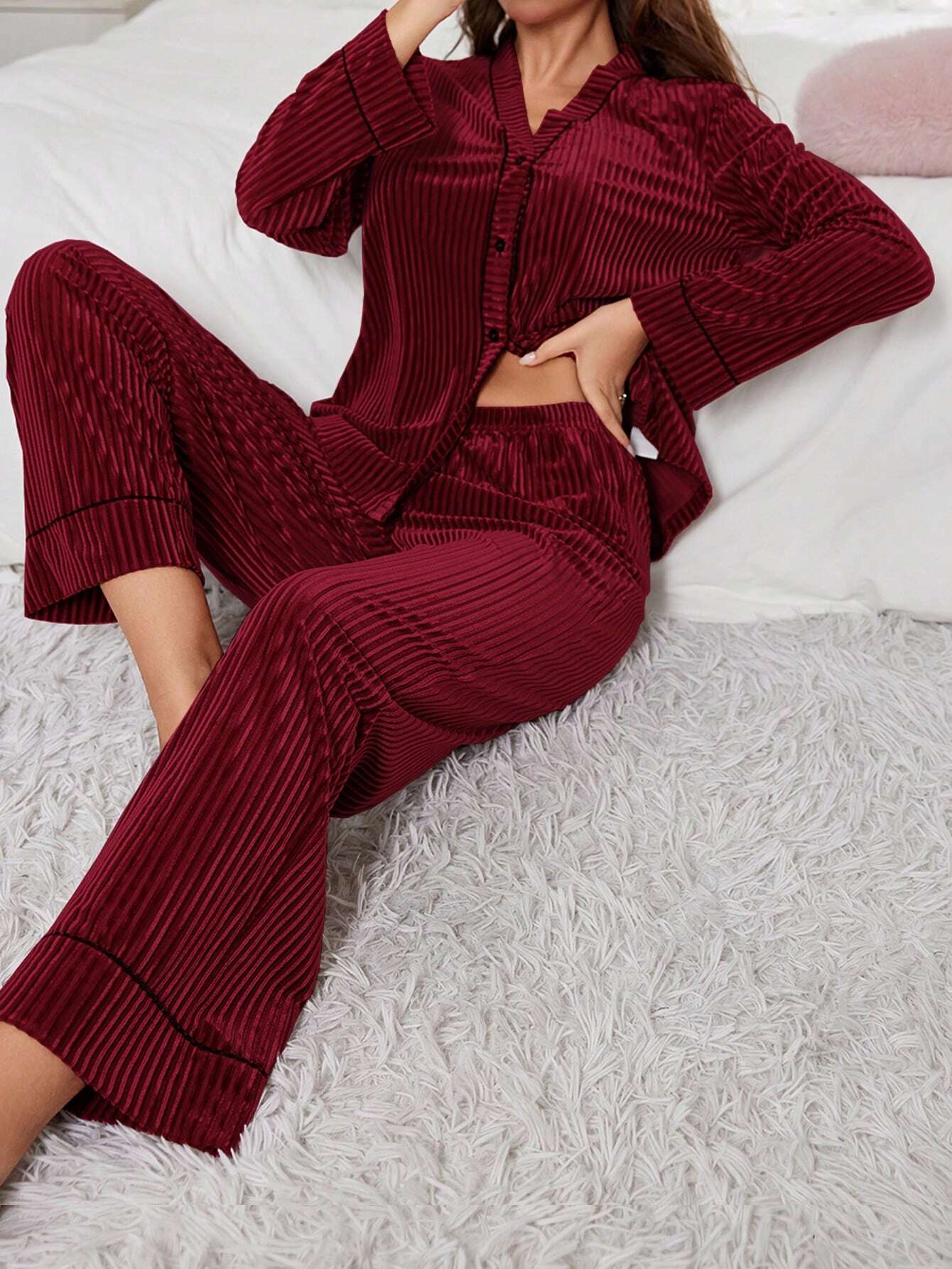 Women Velvet Button-Up Long Sleeve Pajama Set