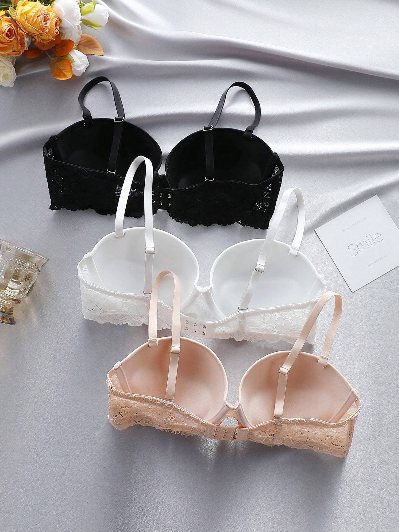 3pcs Contrast Lace Underwire Bra