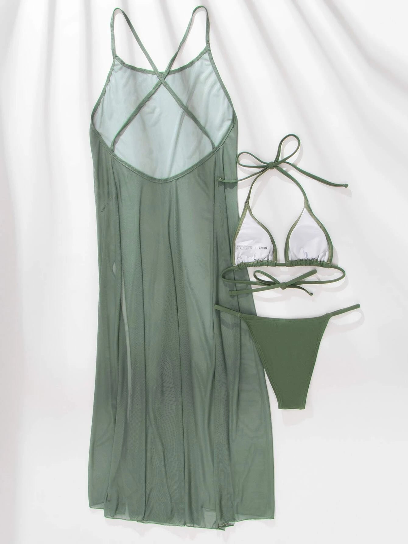 Plain Halter Triangle Bikini Swimsuit With Cover Up