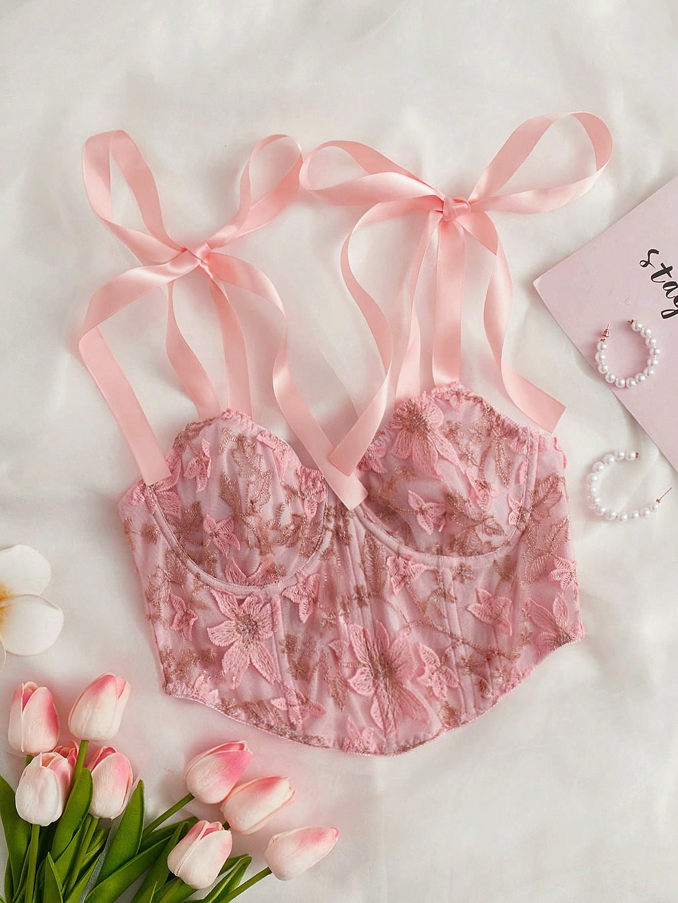 Floral Embroidery Tie Shoulder Underwire Bra