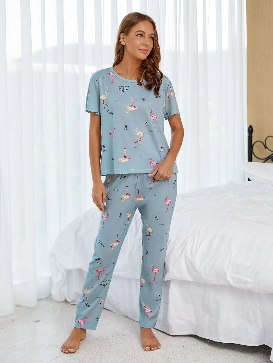Flamingo Print PJ Set With Eye Cover