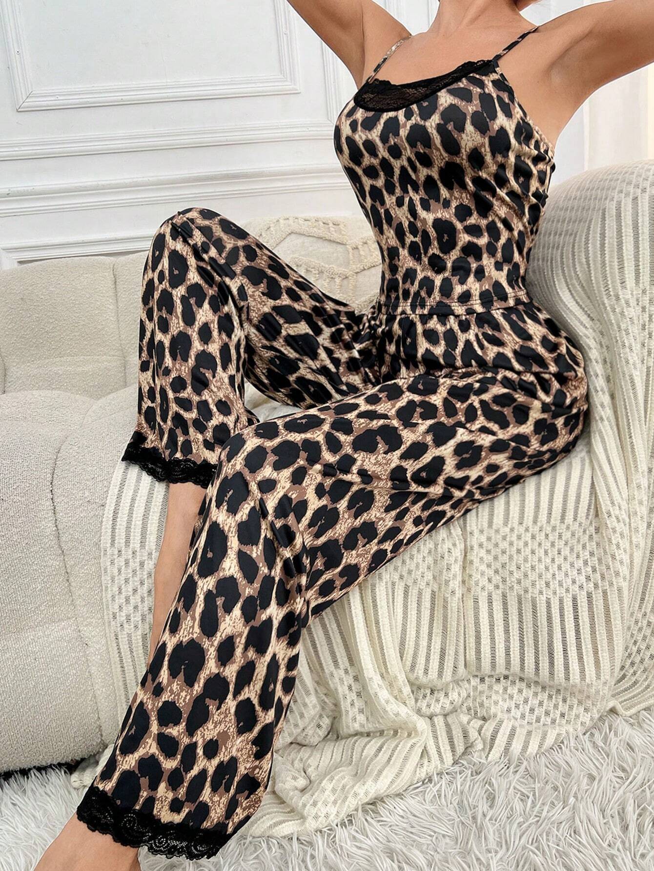 Women's Leopard Print Patchwork Lace Pajama Set