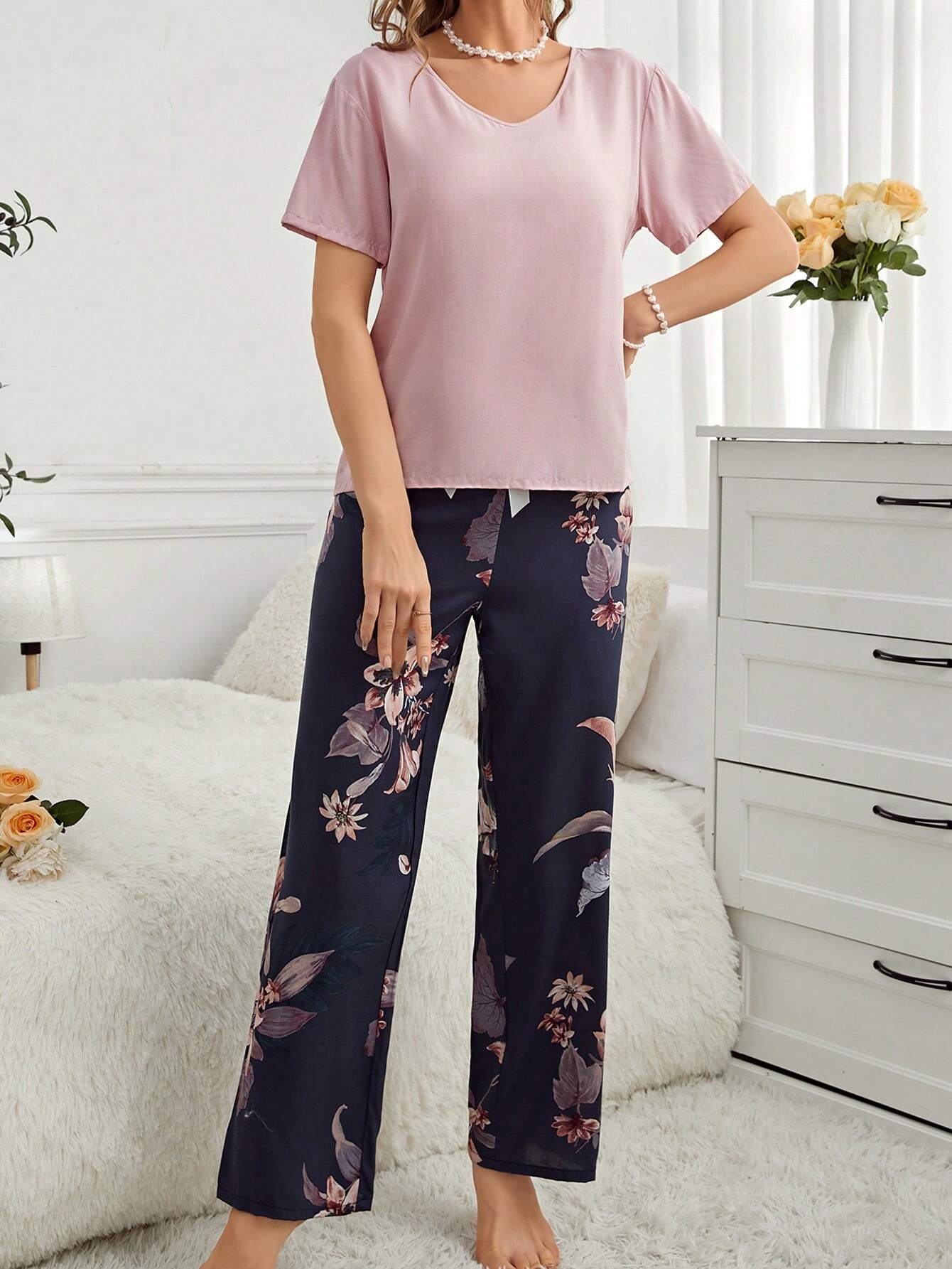 V-Neck Short Sleeve Top And Floral Print Pants Pajama Set
