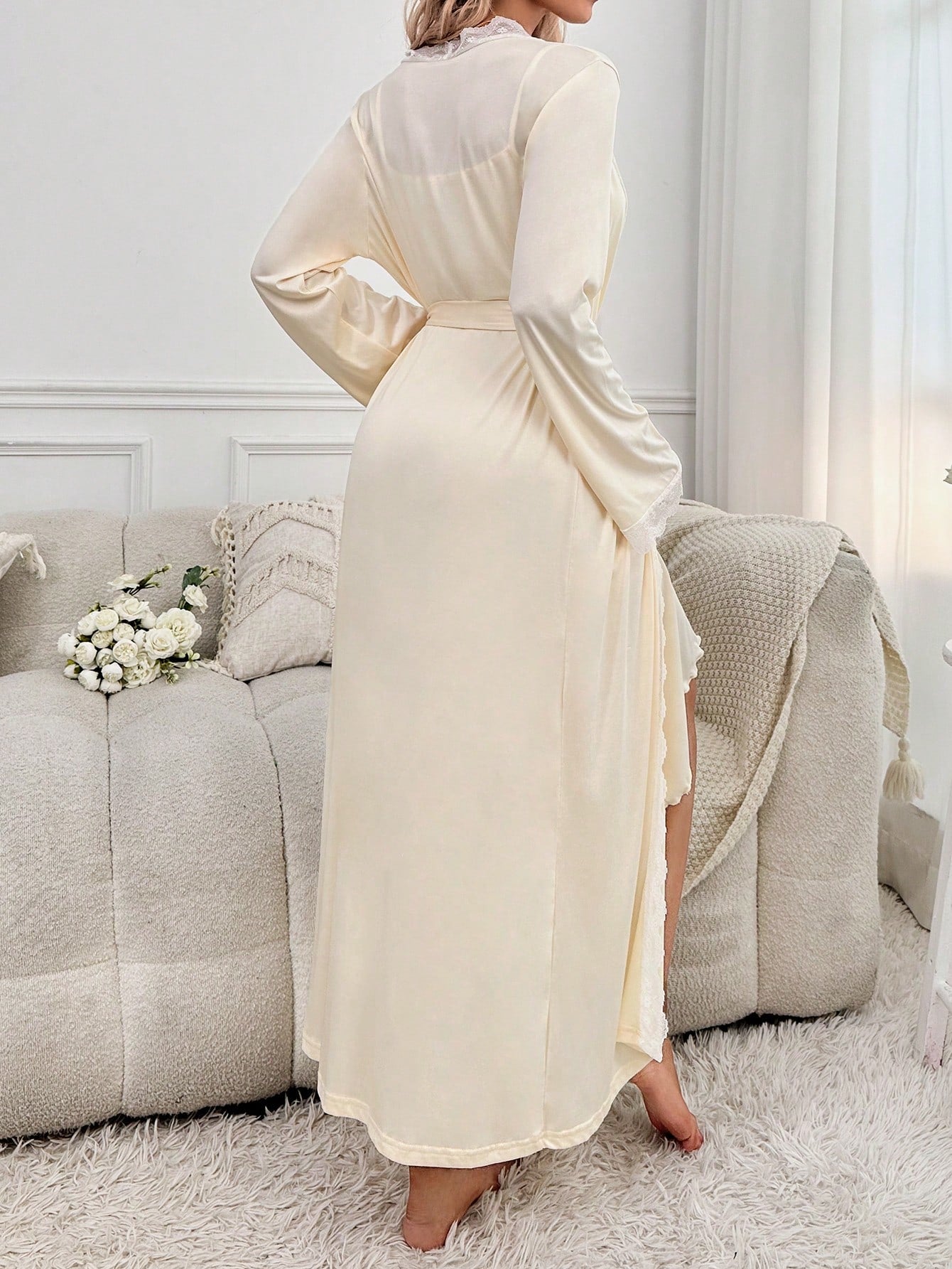 Contrast Lace Lettuce Trim Belted Robe &amp; Cami Dress PJ Set