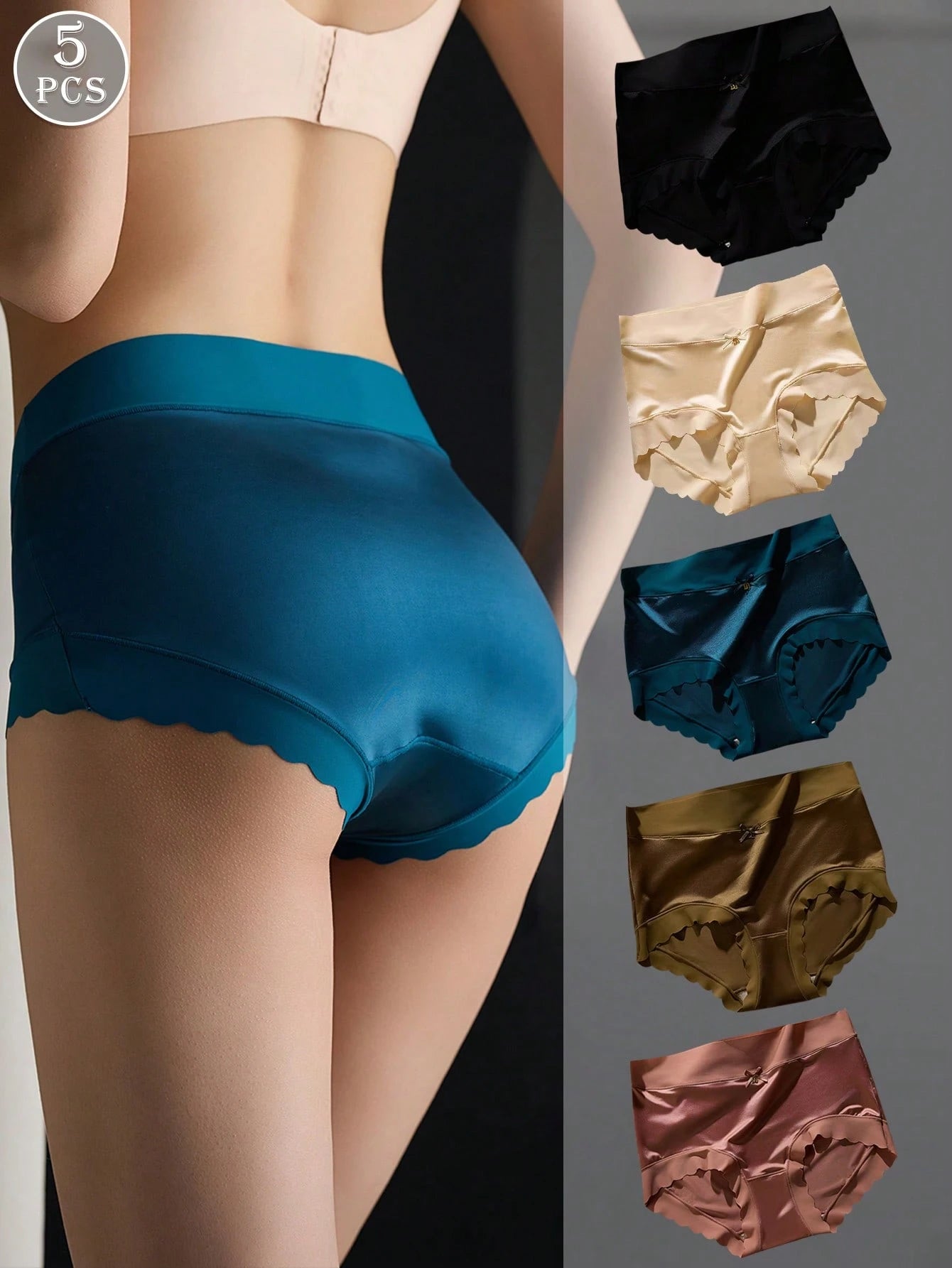 5 Pcs Of Women's Non-Marking Satin Mid-Waist Ruffled Mulberry Silk Bottom Crotch Hip-Lifting Panties Multicolor