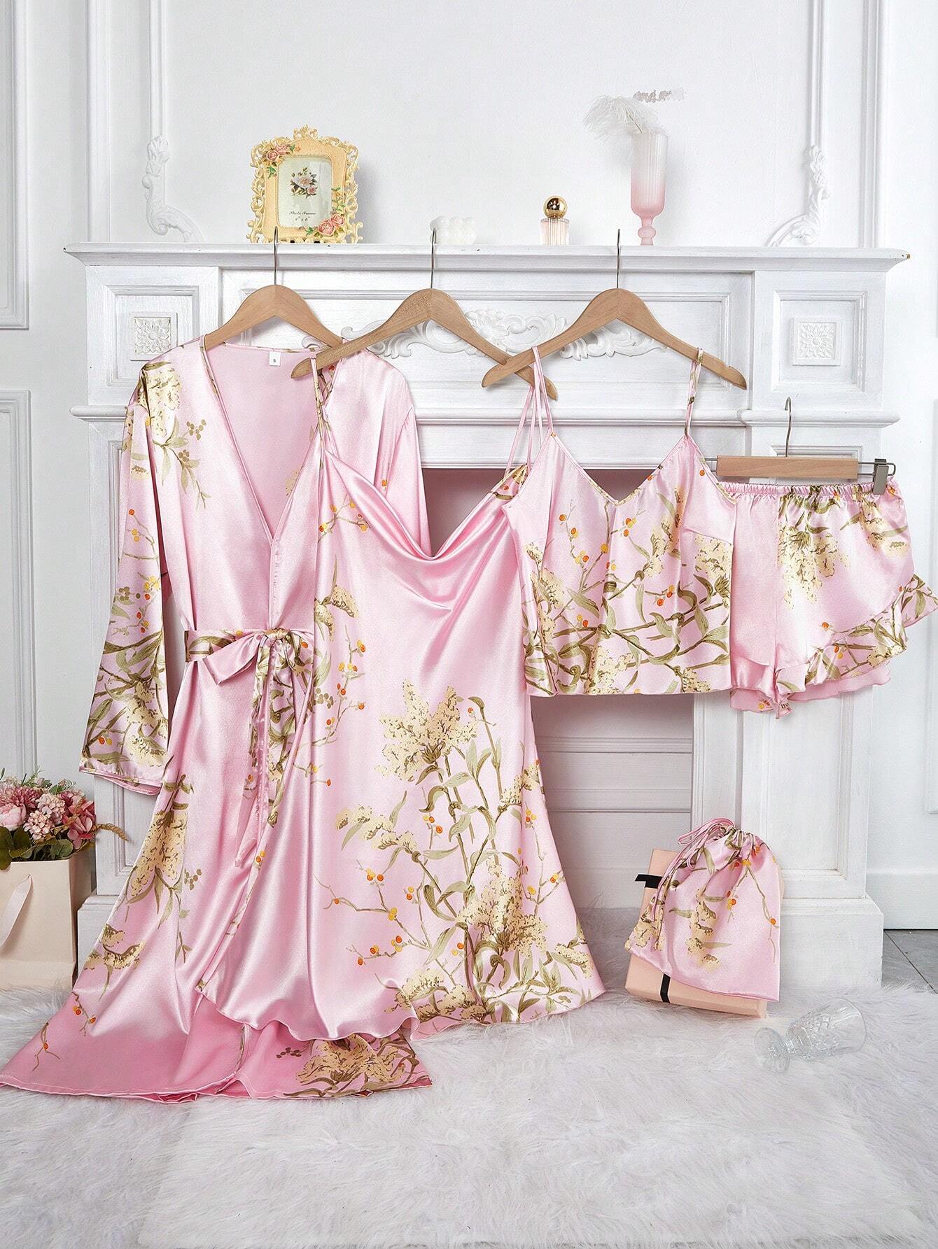LuxeNights 5pcs/Set Silk-Like Flower Print Camisole Top &amp; Shorts &amp; Dress &amp; Robe &amp; Storage Bag Pink