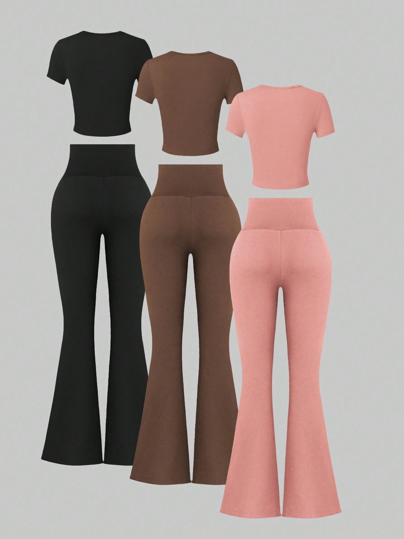 EZwear 3pcs/Set Round Neck Short Sleeve T-Shirt And High Waist Bell-Bottom Pants Casual Suit