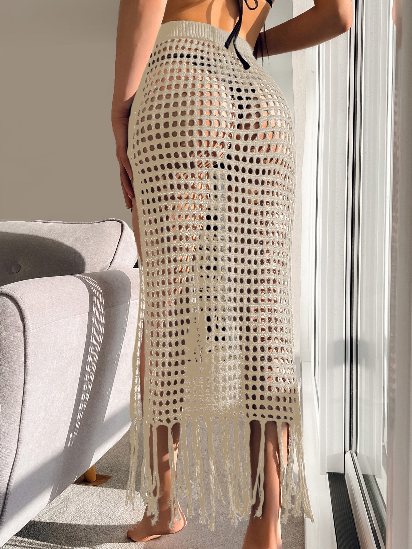 SHEIN Swim BohoFeel Hollow Out Fringe Hem Crochet Cover Up Skirt Without Bikini Bottom