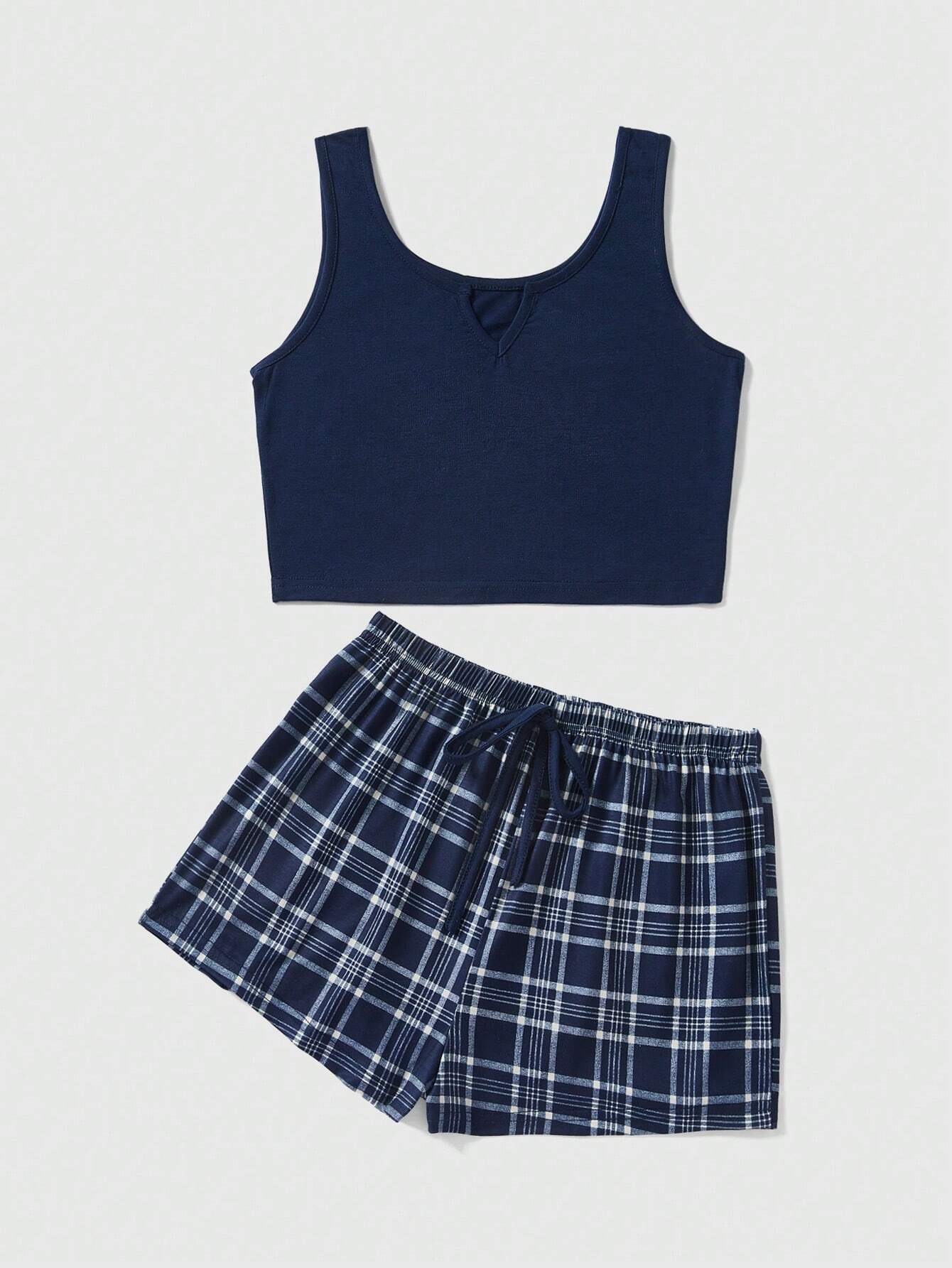 ROMWE Solid Color Sleeveless Top &amp; Plaid Shorts Casual Pajama Set Navy Blue