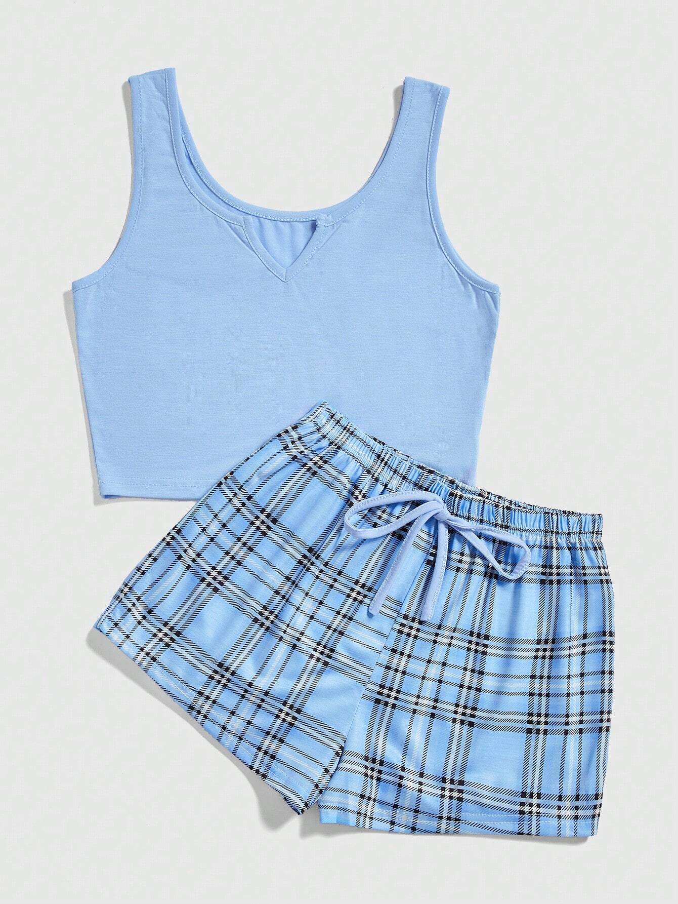 ROMWE Solid Color Sleeveless Top &amp; Plaid Shorts Casual Pajama Set