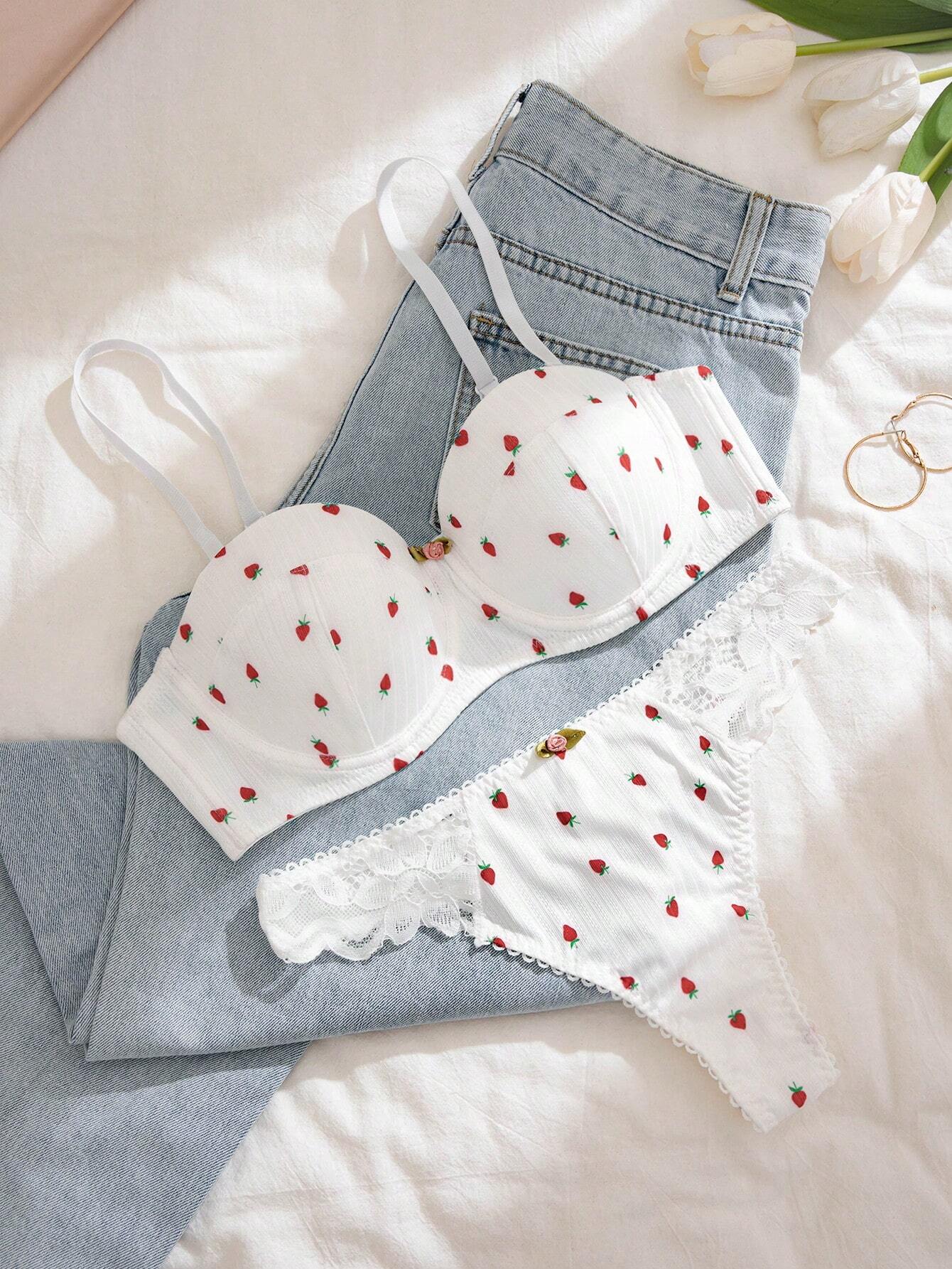 Floral Print Lettuce Trim Underwire Bra &amp; Panty Lingerie Set