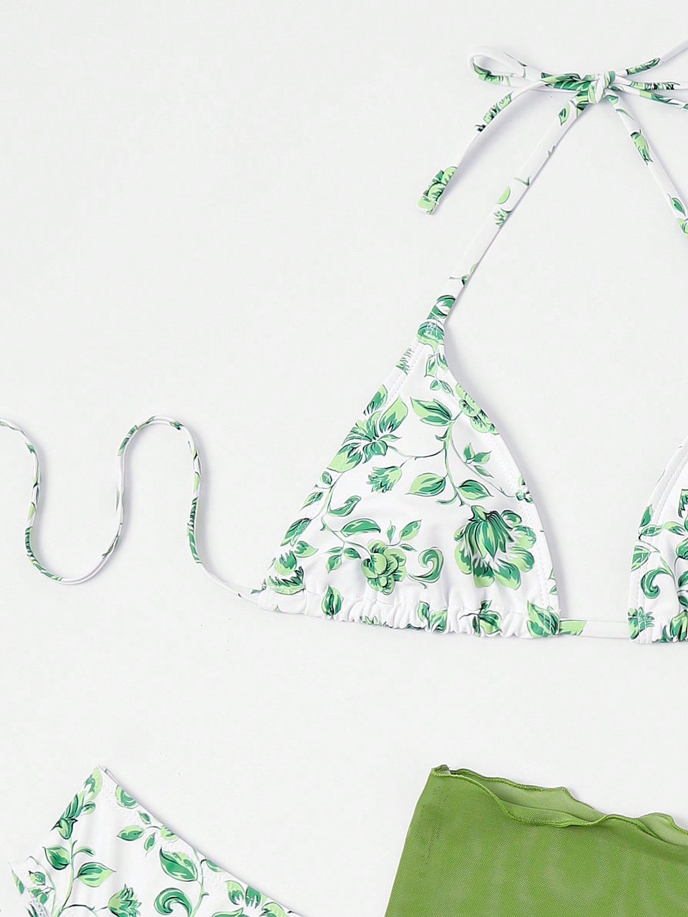 SHEIN Swim Mod Floral Print Halter Triangle Bikini Swimsuit With Beach Skirt