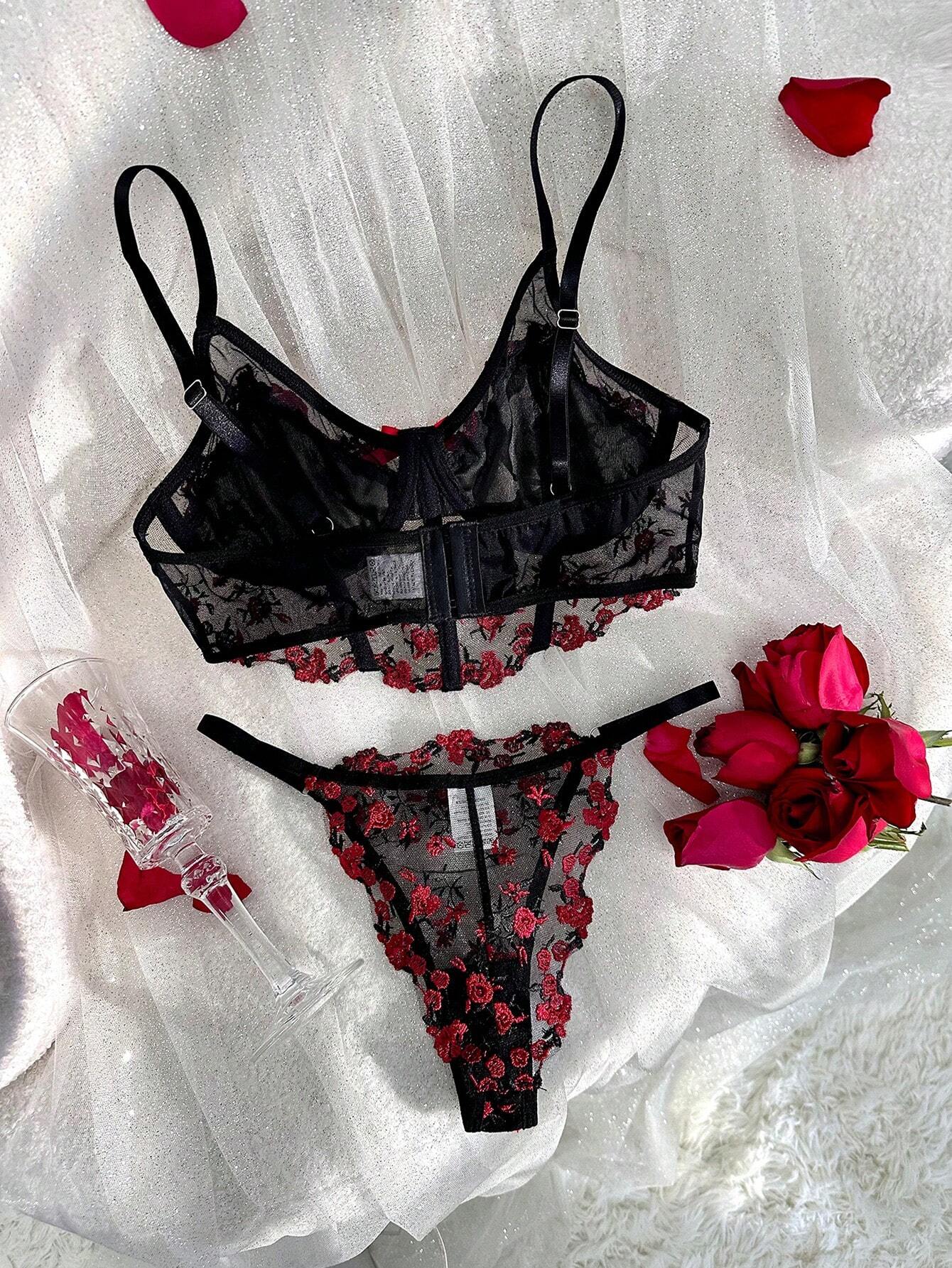Floral Embroidery Mesh Underwire Bra &amp; Panty Lingerie Set