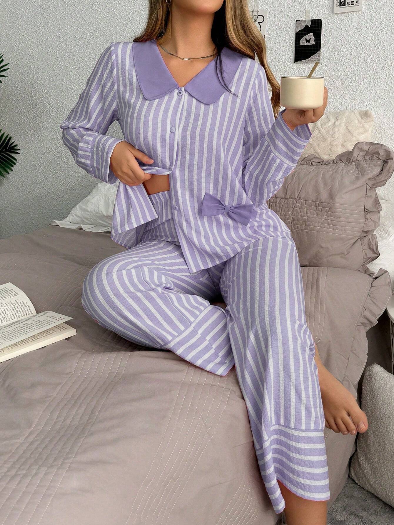 SweetSlumber Contrast Stripe Single Breasted Long Sleeve Top &amp; Pant Women Pajama Set