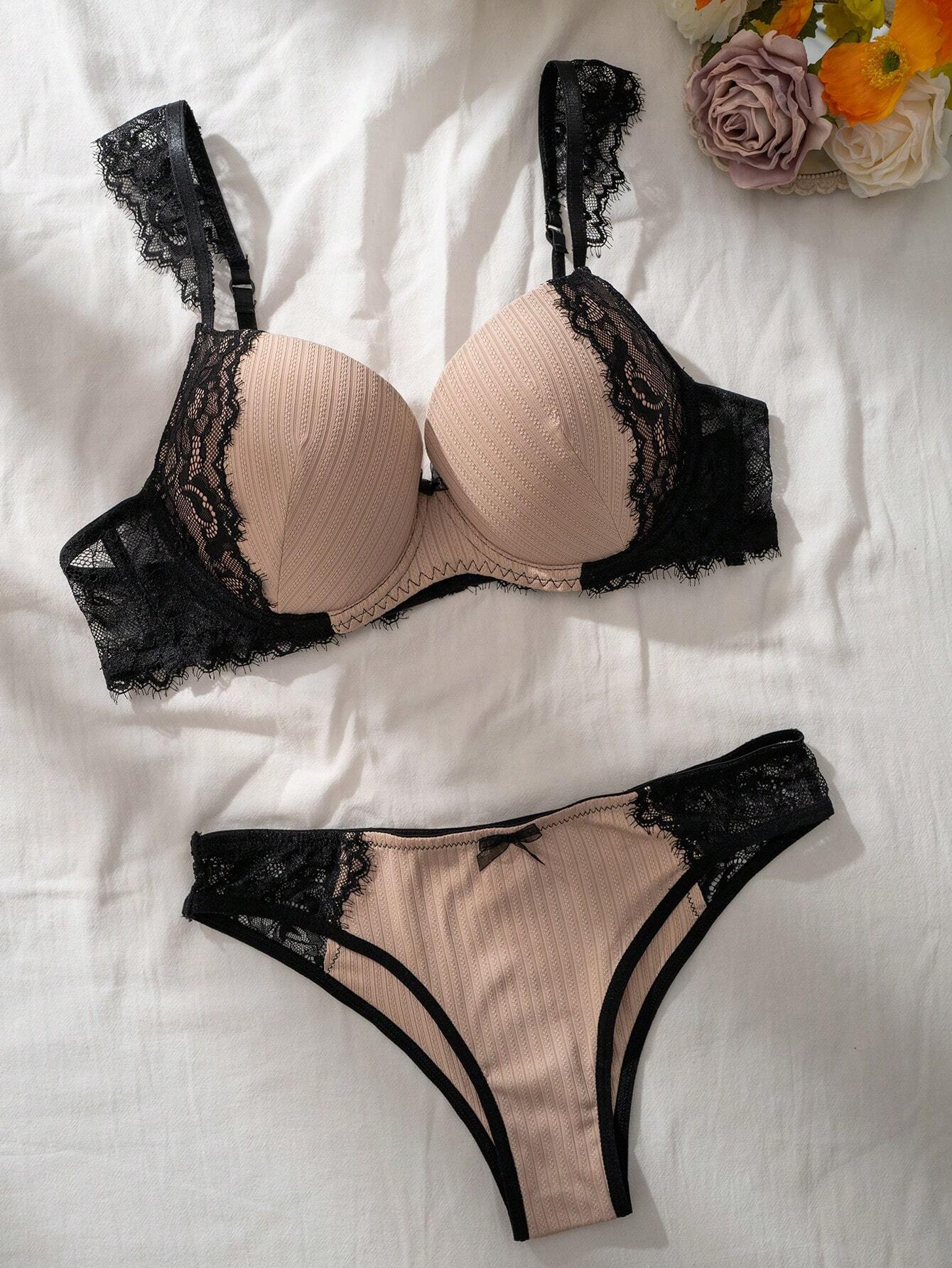Contrast Lace Underwire Bra &amp; Panty Lingerie Set